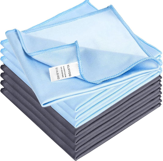 KLNYOO Microfiber Glass Cleaning Cloths Lint Free Streak Free Quickly and Easily Clean Windows & Mirrors Without Chemicals Polishing Cloth 16x16 Inch 8 Pack (Blue+ Grey)
