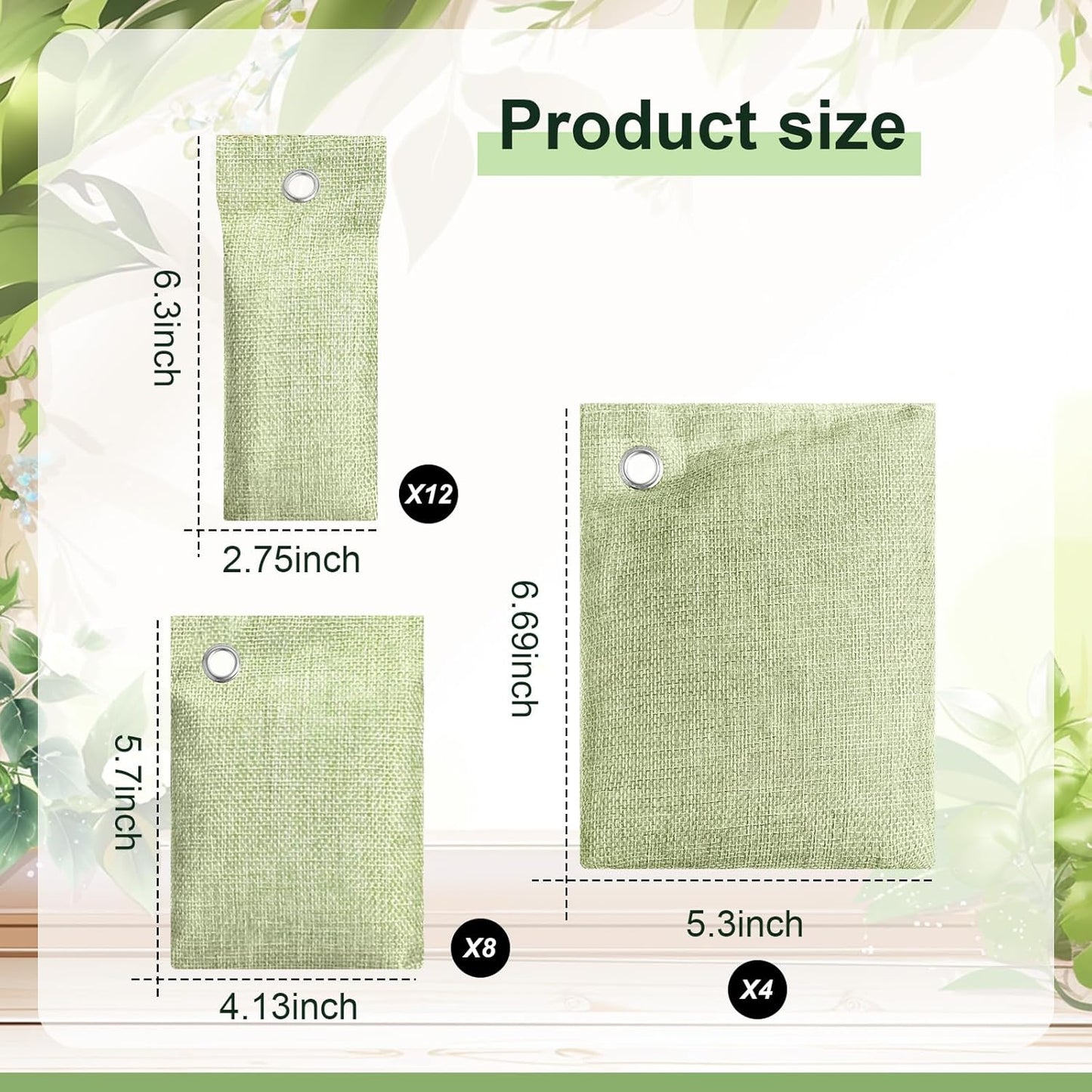 Nuanchu 24 Pcs Activated Charcoal Odor Absorber 50g/100g/200g, Air Purifying Bamboo Charcoal Bags, Natural Shoe Odor Absorber, Deodorizer Absorbers for Fresh Car Home Closet Pet Basement Smell(Green)