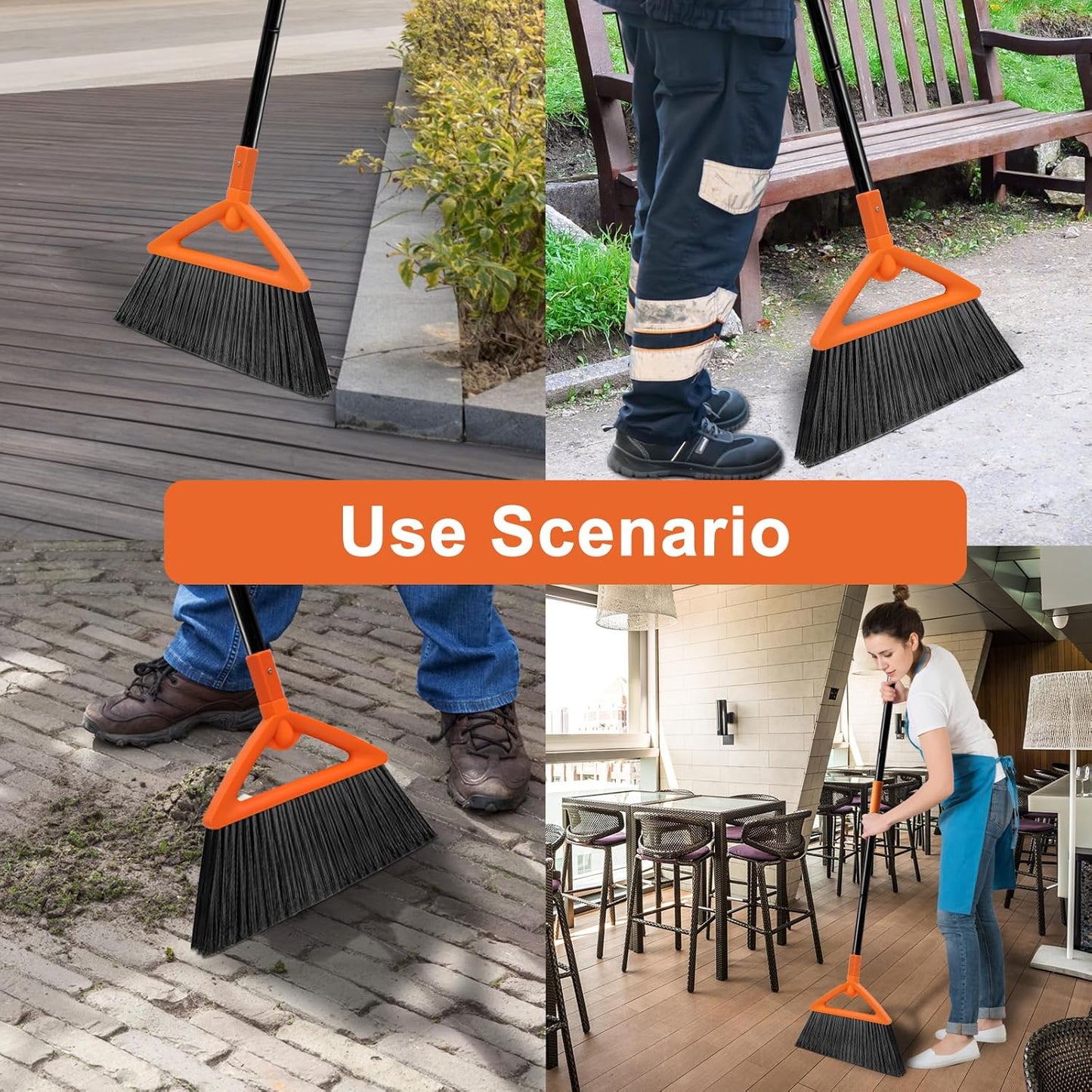 3 Pack Outdoor Indoor Broom, Brooms for Sweeeping Indoor, Heavy-Duty Kitchen Broom with Long Pole, Angle Broom Orange for Garages Restaurant Courtyard Office Slidewalk Lobby Sweep Dust