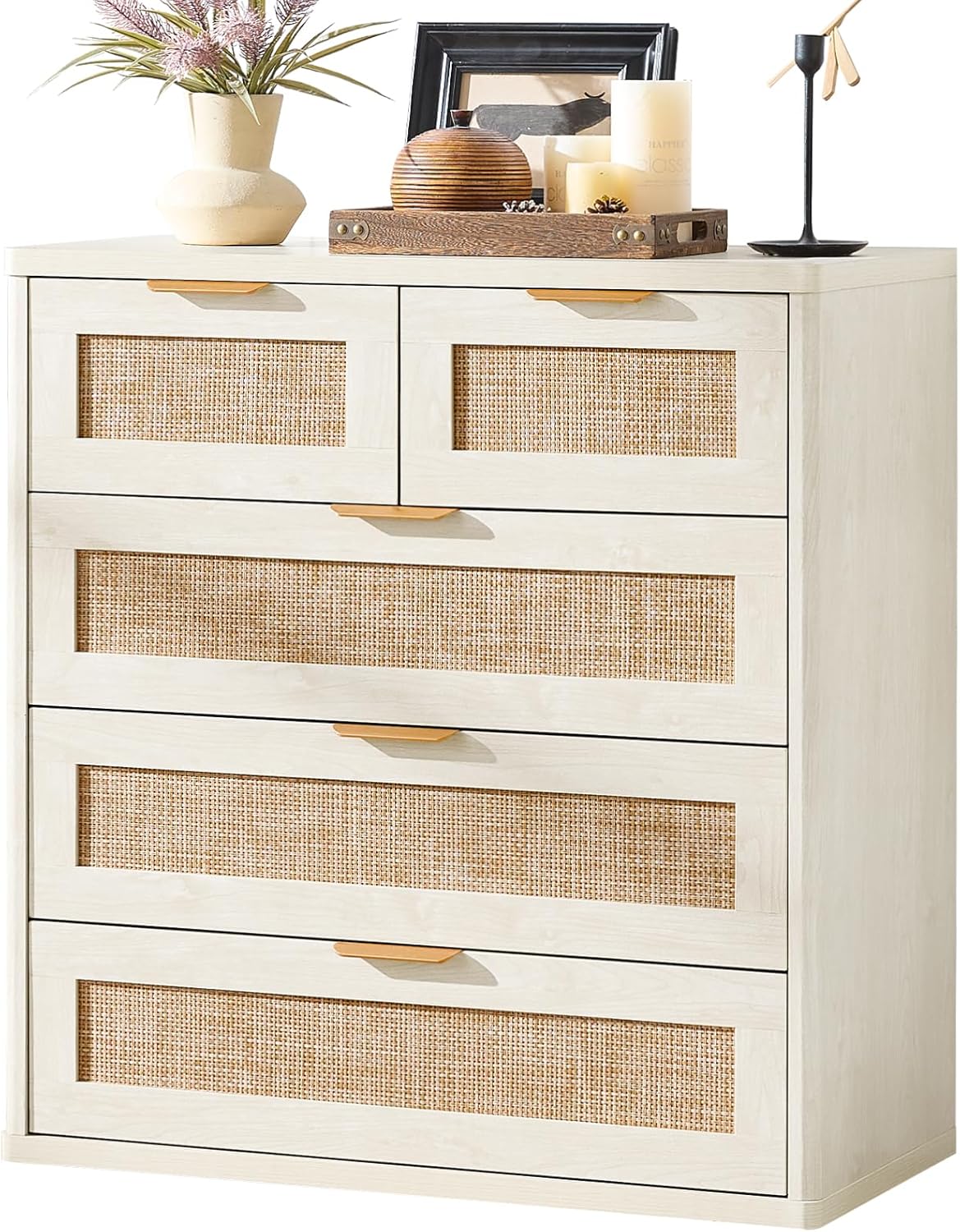 LEYAOYAO White Dresser for Bedroom, 33.5" Tall Chest of Drawers, Modern 5 Drawers Boho Rattan Dressers with Storage, Dresser Wooden Closet Organizer for Living Room, Hallway