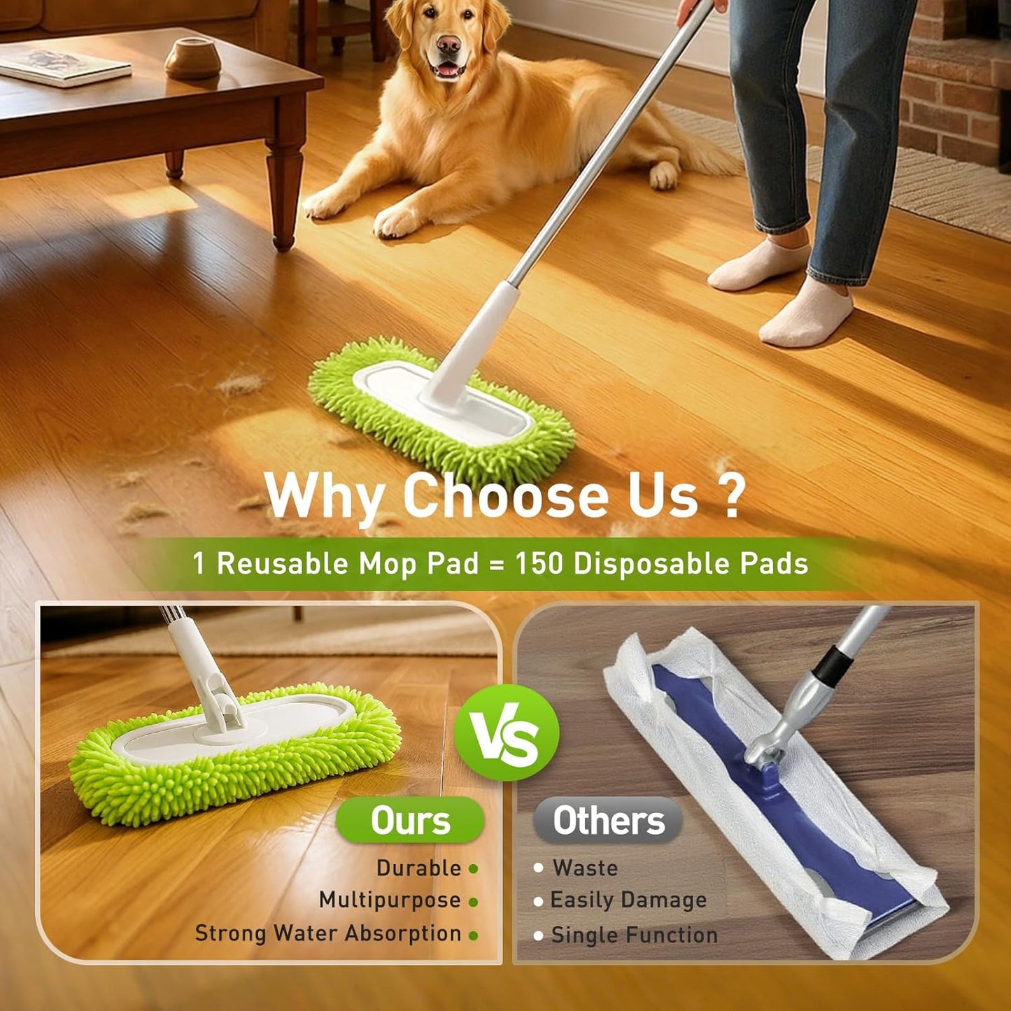 6PCS Reusable Mop Pads Fit for Flat Mops, Chenille Mop Refill Pads Washable Mop Covers, Household Replacement Mop Pads Wet & Dry Sweeping Cloths Mopping Pad Refills for Hardwood Floor Cleaning (Green)