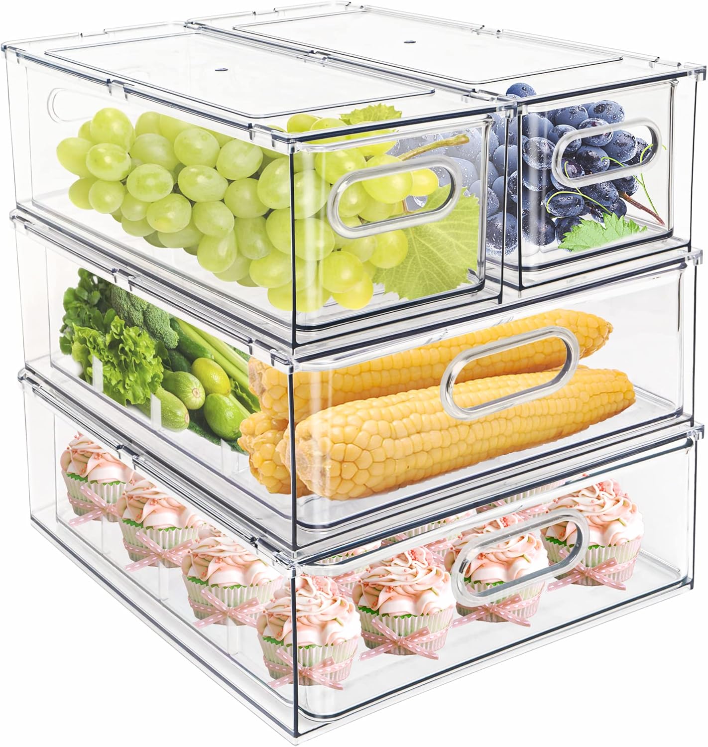 MineSign 4 pack Stackable Refrigerator Organizer Bins Pull-Out Drawers for Fruit and Veggies Storage Organizer for Fridge Clear Drawer Containers with Handle Divided Organization for Produce Saver