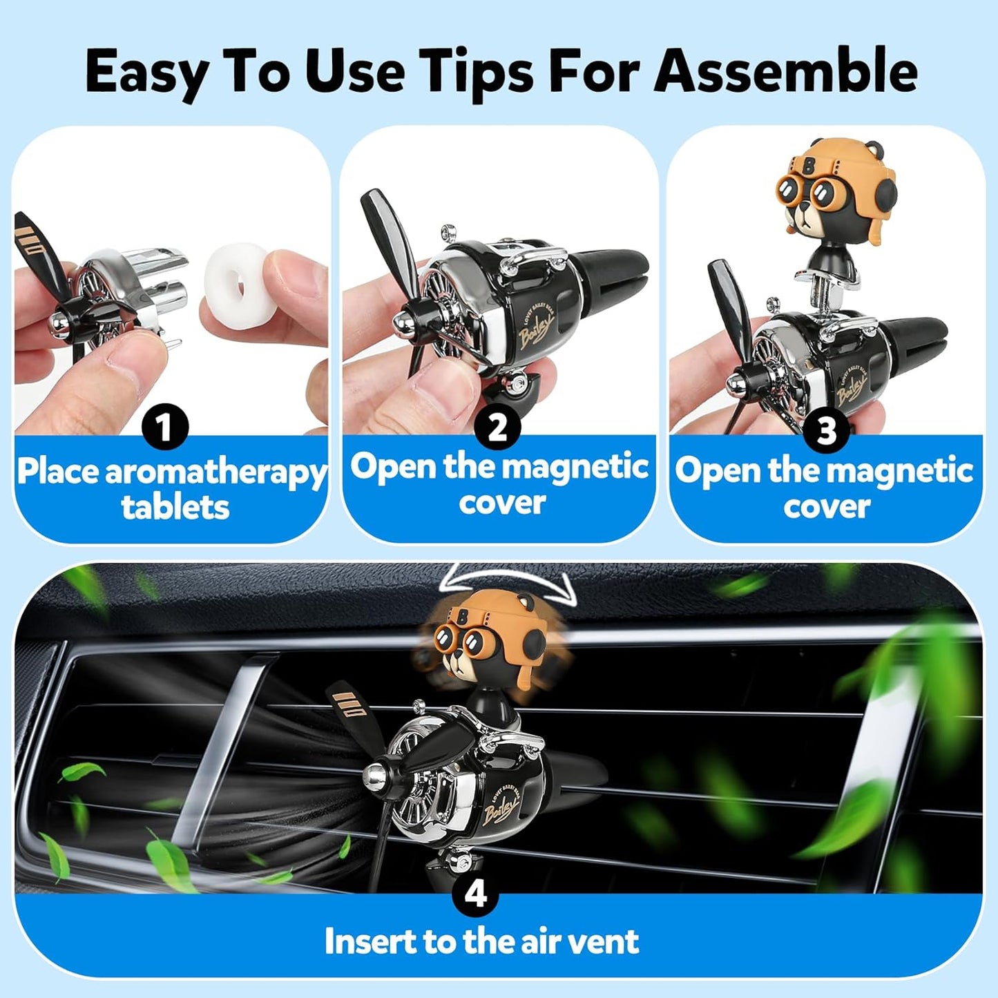 Bear Pilot Car Fresheners Vent Clip Cute Teddy New Car Scent Automotive Air Fresheners Cartoon Air Outlet Aromatherapy Ornament Thank You Gifts for Him Her Friends, Families