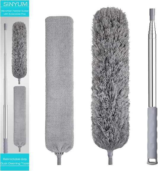 100 Inch Retractable Gap Dust Cleaner Cleaning Tools & Microfiber Feather Duster Washable and Retractable Duster Brush for Cleaning Under Appliances Furniture Ceiling Fan Dust and Cobweb Cleaner