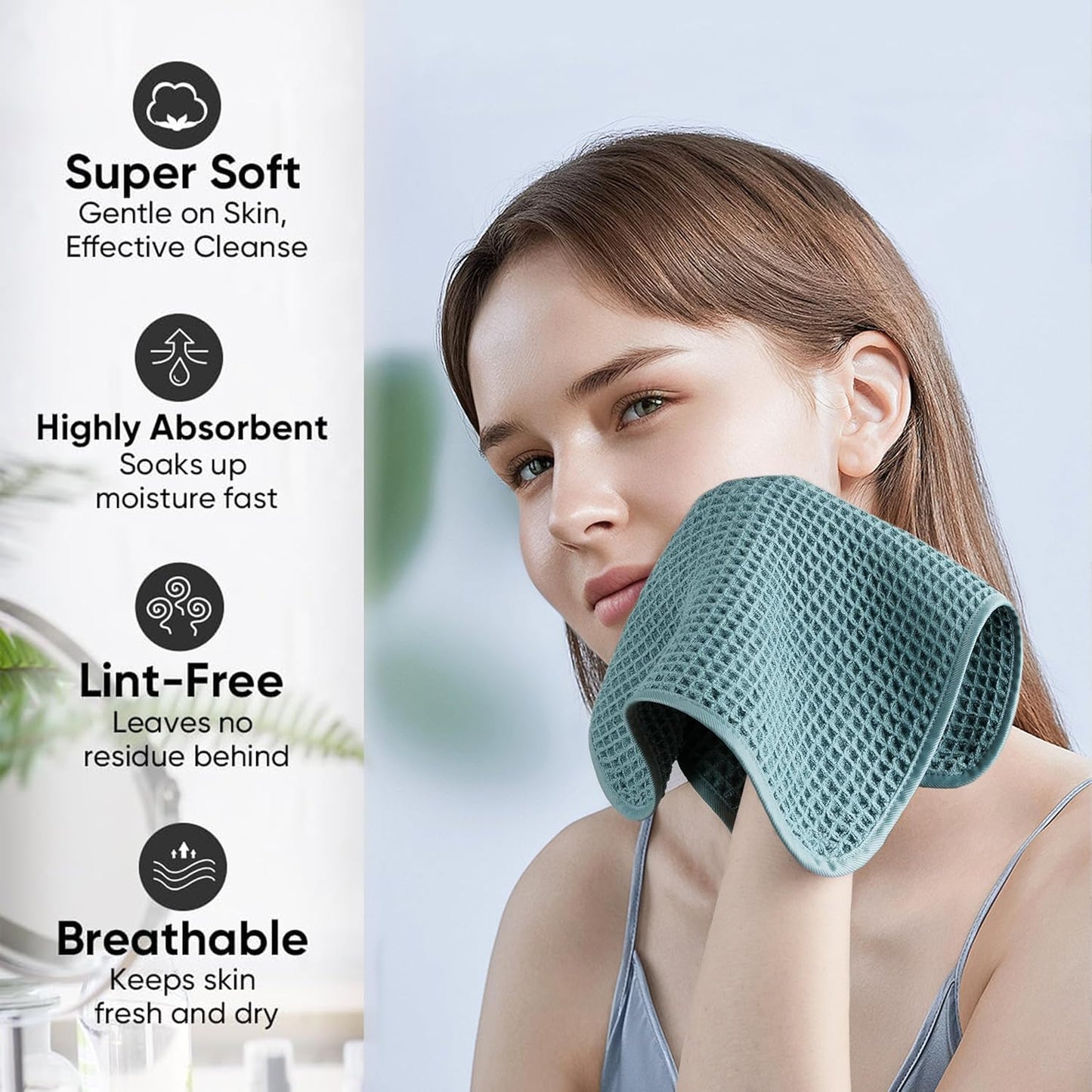 Microfiber Waffle Face Towels, 2 Pieces, Soft, Absorbent, Fast Drying, Lint Free (Green)