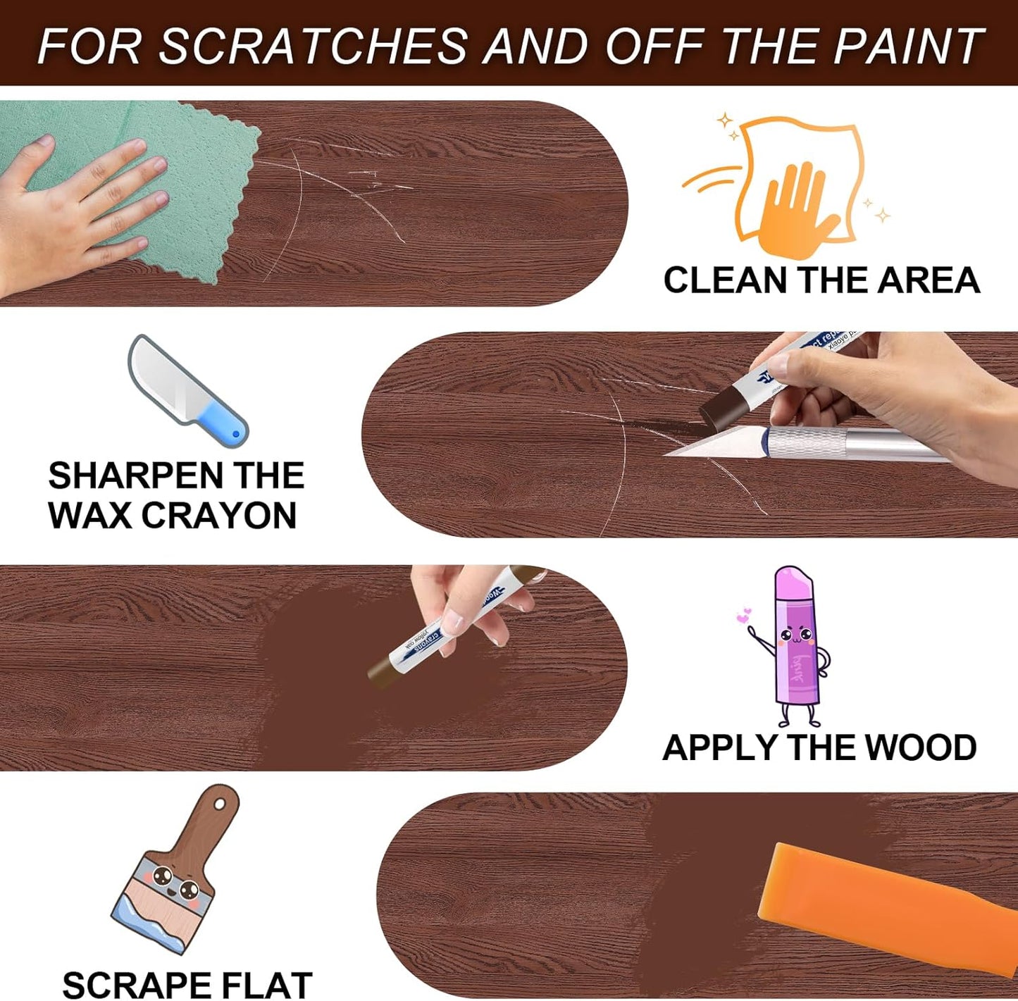 Wood Filler Sticks with 1P Box, 1P Knife, 1P Scraper and 1P Rag, Pletpet 10 Colors Furniture Crayon Touch Up Wood Filler Nail Hole Wax Sticks for Repairing Scratches and Nail Holes (10p)