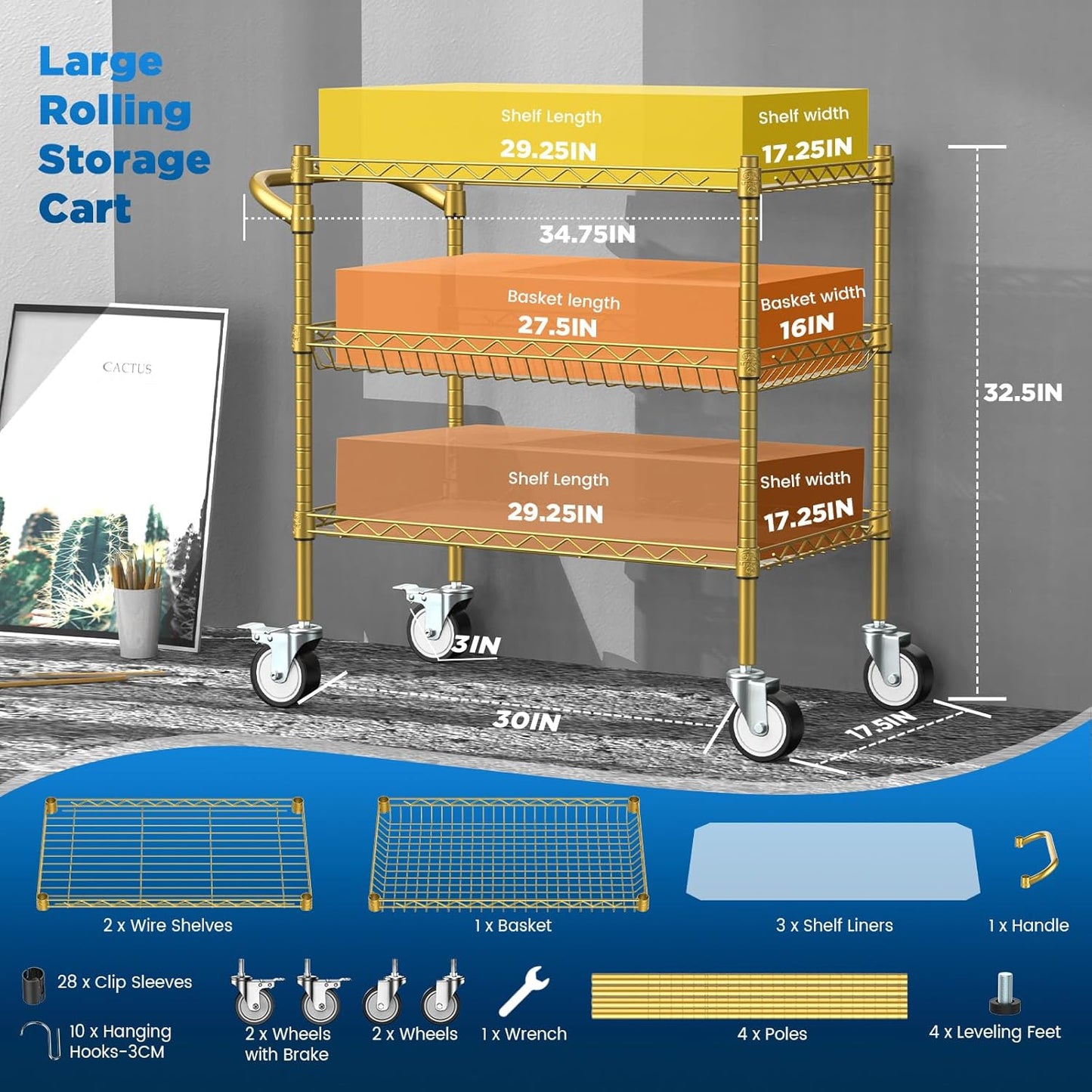 Leteuke 3 Tier Rolling Carts with Wheels,Heavy Duty Utility Bar Cart,NSF Commercial Grade Metal Cart with Handle&Shelf Liner,Trolley Serving Cart for Kitchen,Restaurant,Plant Display,Gold