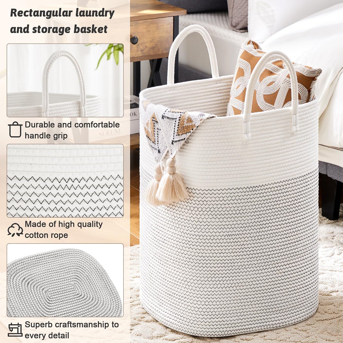 Laundry Basket,Woven Cotton Rope Laundry Hamper,Versatile Storage for Dirty Clothes,Baby Toys,and Blankets in Bathroom, Nursery,and Living Room (White, 80L)