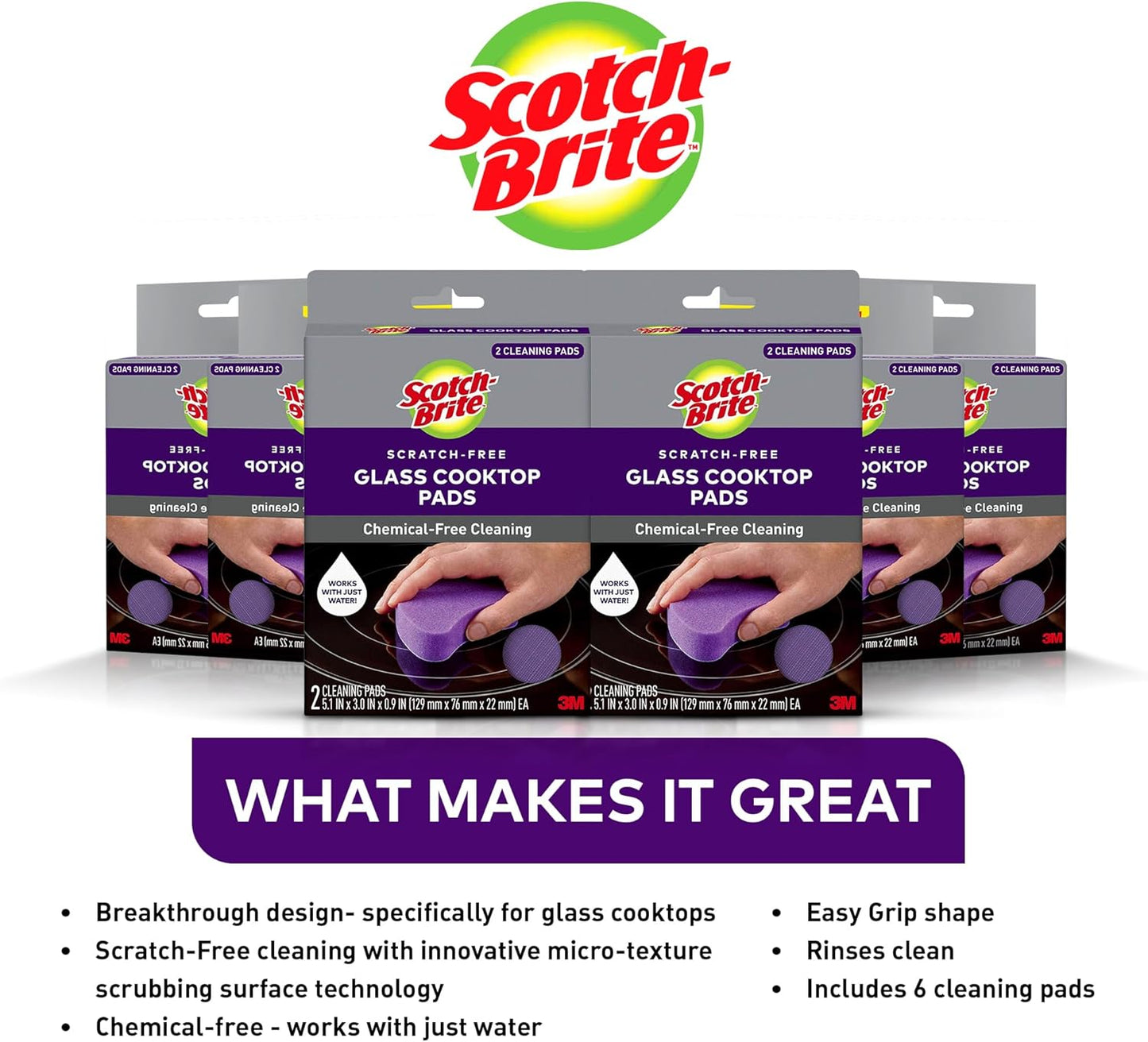 Scotch-Brite Glass Cooktop Pads, Scratch-Free & Non-Abrasive Scrubbers for Glass or Ceramic Stovetops, Cleans Burnt-On Messes with Just Water, Reusable Dishwasher-Safe Design (12 Pads)