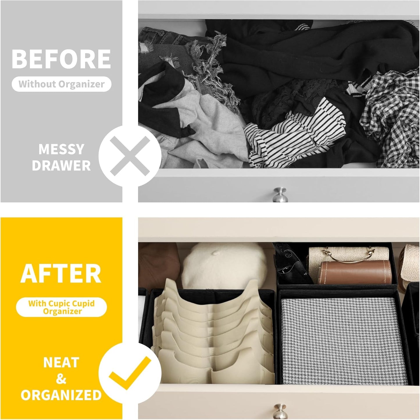 Cupic Cupid Drawer Organizer, Dresser Organizers, Foldabe Drawer Organizer Clothes, Closet Organization and Storage Dividers for Socks, Underwear and Diaper, Set of 12, Black