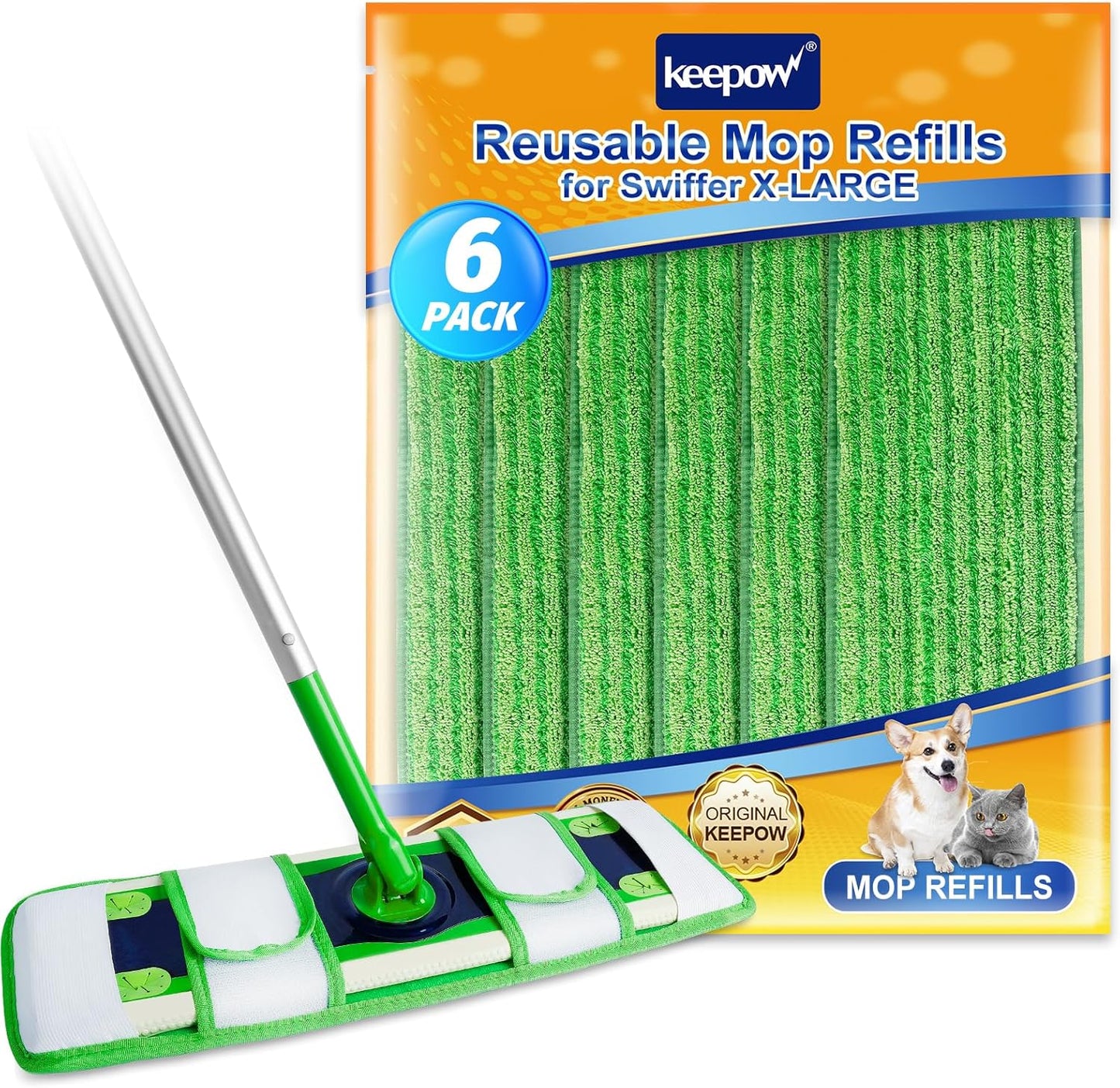 KEEPOW XL Mop Pads Compatible with Swiffer Sweeper XL, 6 Pack Wet Pads Refills Dry Sweeping Cloths, Reusable Pads for X-Large