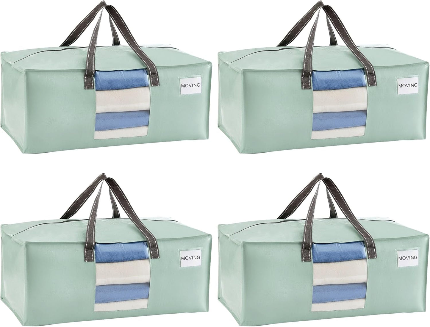 VENO 4 Pack Moving Bags for College, Heavy-Duty Storage Totes, Moving Boxes and Wardrobe Packing Supplies Alternative - Extra Large Durable Laundry Bags for Clothes (Shiny Light Green, 4 Pack)