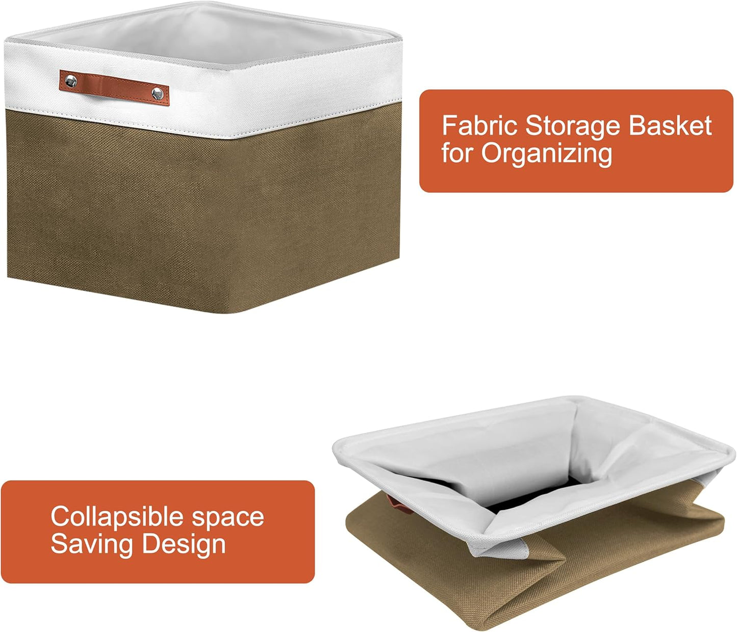 11in Open Fabric Storage Basket with Leather Handles for Organizing, Collapsible Linen Closet Bins for Shelves, Closets, Laundry, Decorative Basket for Gifts. (White＆Brown, 3PCS/11x11in)