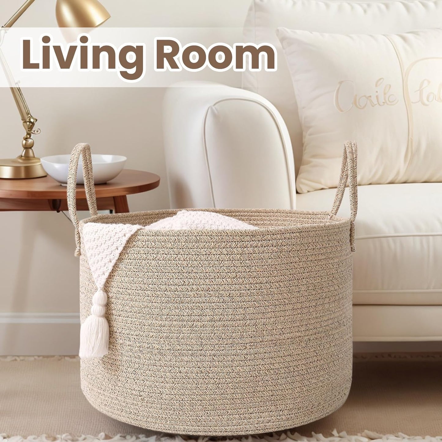 Woven Blanket Basket,115L Large Rope Storage Bin with Handles, Organizer for Blankets Toys Book and Clothes, Laundry Basket for Living Room Bedroom Nursery,Oatmeal