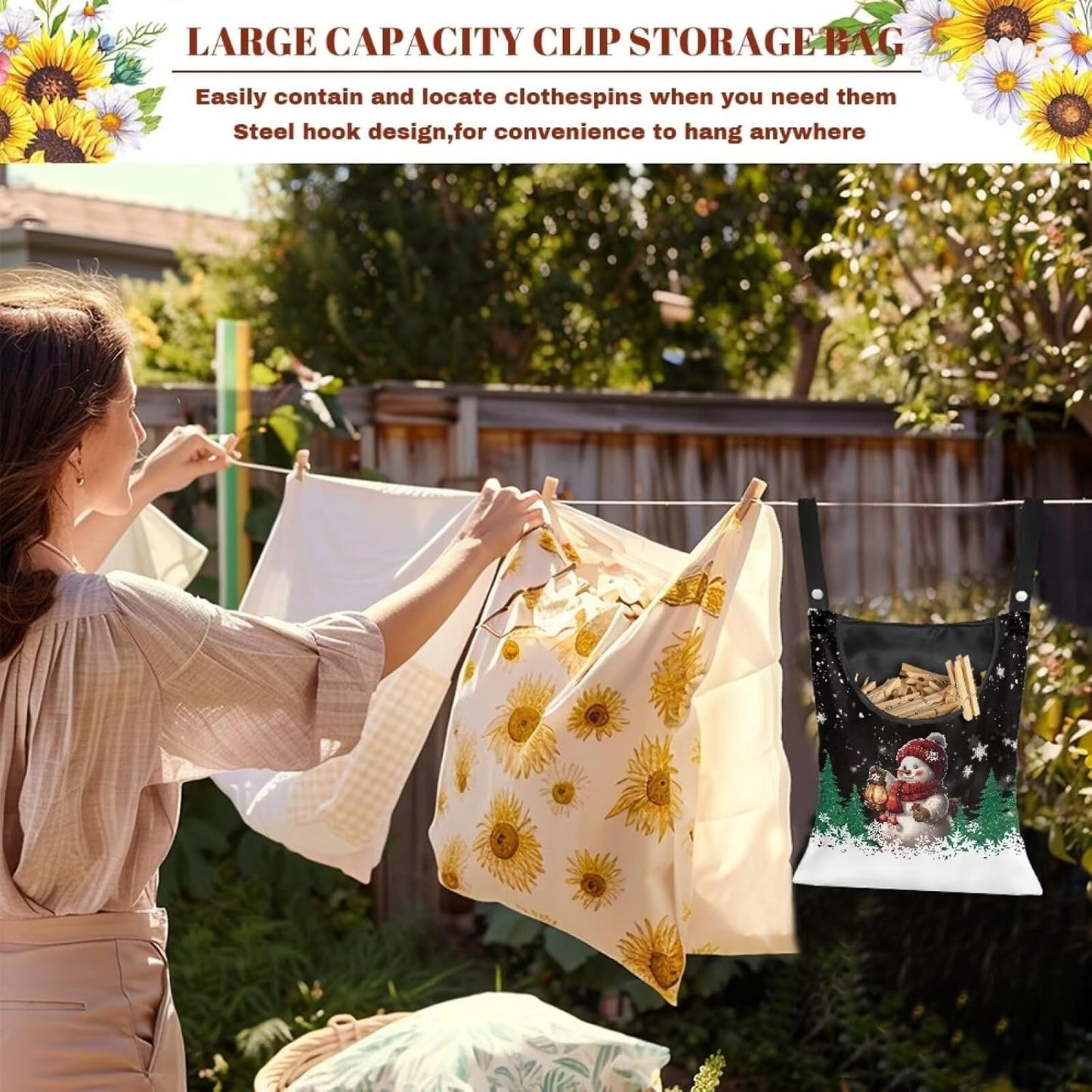 2 Pcs Snowman Clothes Pin Hanging Bag, Large Capacity Clothespin Bag with A Large Opening，Clothes Pin Hanging Bag Space-Saving Organize Clothespin Bag for Clothesline Outdoor