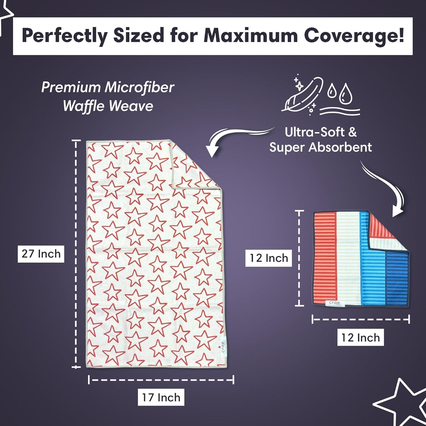 Microfiber Hand Towel & Washcloth Set of 2 - Double-Sided, Waffle Weave, Super Absorbent, Lint-Free, Fast Drying - Stars & Stripes Pattern for Bathroom, Kitchen, Car, and Window Cleaning