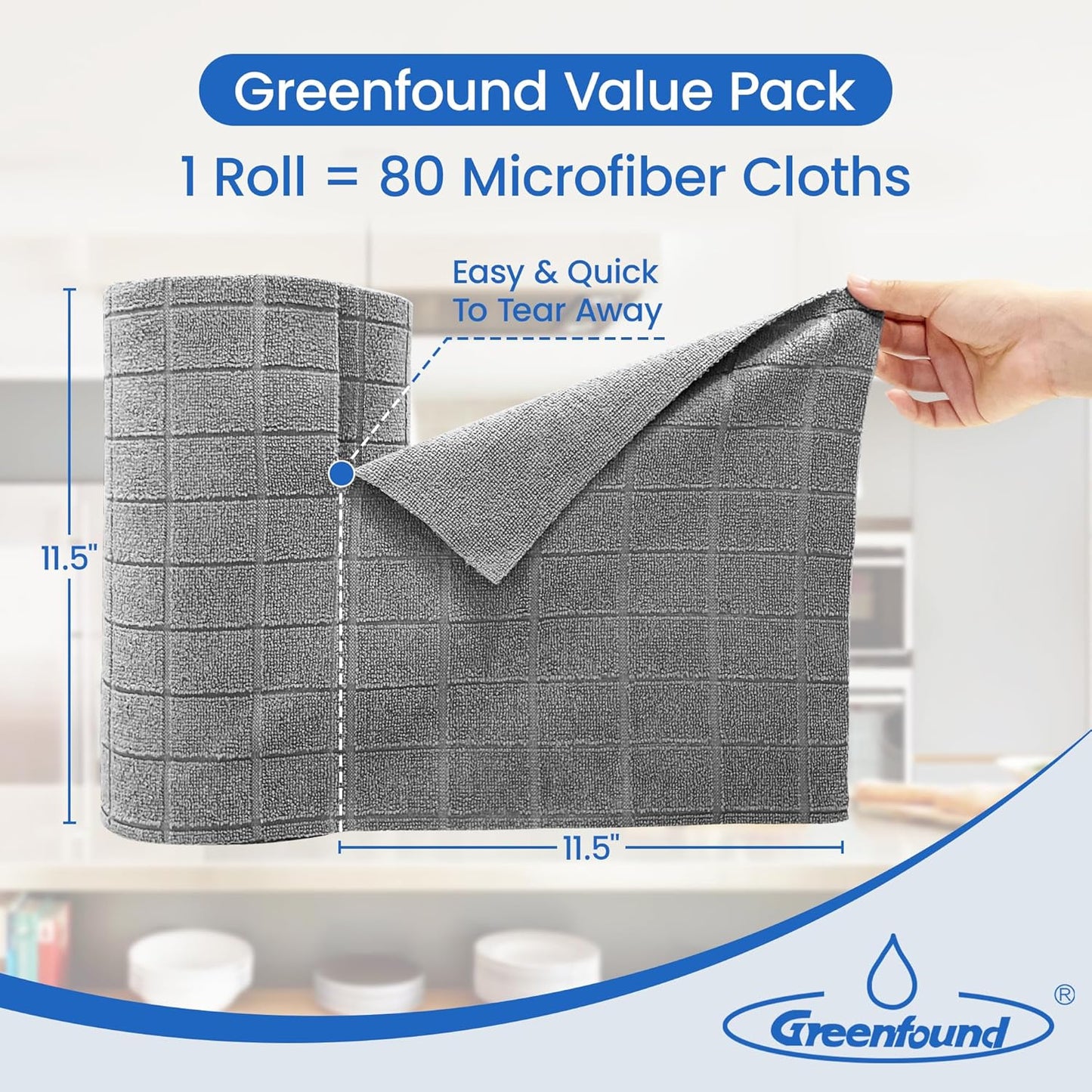 Greenfound Microfiber Cleaning Cloth Roll -80 Pack,Tear Away Towels for Car,Reusable Paper Towels Washable,Super Absorbent,Lint Free Cleaning Rags for House,Kitchen,Window-11.5"×11.5"(Check Grey)