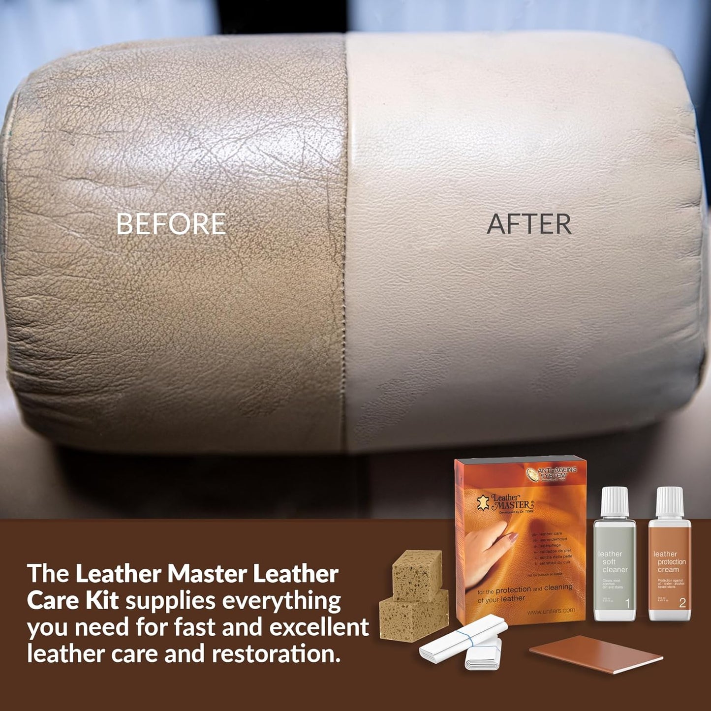Leather Master Leather Care Kit | Leather Cleaner and Conditioner Kit | Cleans & Restores Car Seats, Furniture, Purses, Jackets | Includes Leather Cleaner, Leather Conditioner, Sponge & Wipes