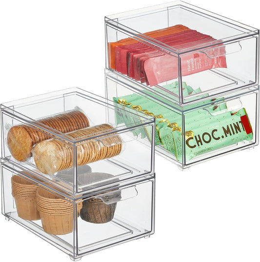 mDesign Stackable Storage Containers Box with Pull-Out Drawer - Stacking Plastic Drawers Bins for Kitchen Pantry and Cupboard, Cabinet, Counter, Island and Tables - Lumiere Collection - 4 Pack - Clear