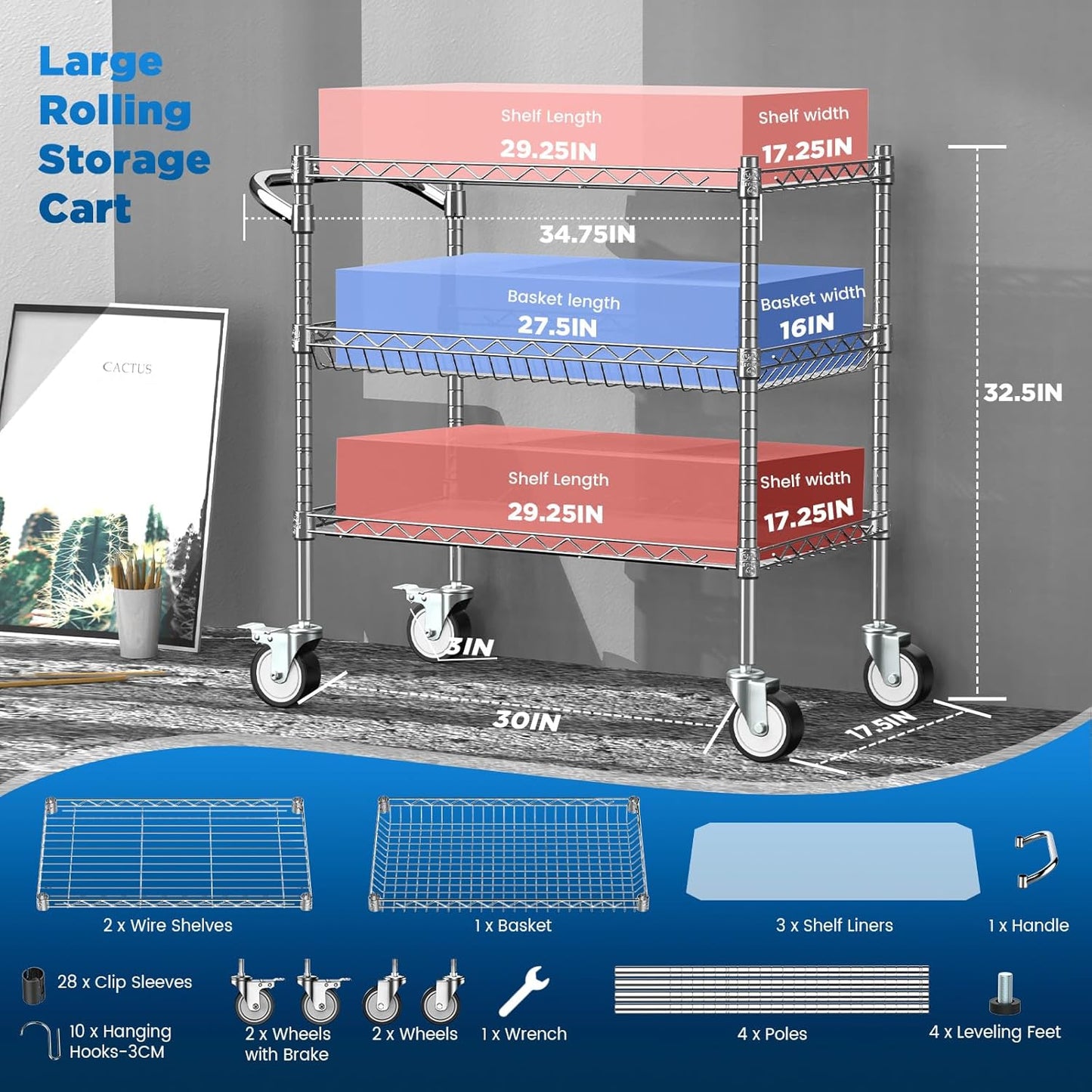 Leteuke Heavy Duty 3 Tier Rolling Utility Cart,NSF Certified 990Lbs Capacity Rolling Carts with Wheels,Commercial Grade Metal Cart with Handle Bar & Shelf Liner,Trolley Serving Cart for Kitchen,Chrome