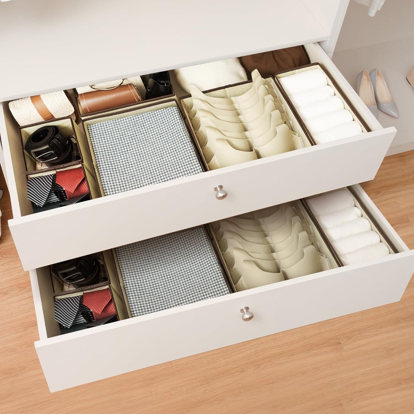 Cupic Cupid Drawer Organizer, Dresser Organizers, Foldabe Drawer Organizer Clothes, Closet Organization and Storage Dividers for Socks, Underwear and Diaper, Set of 6, Beige