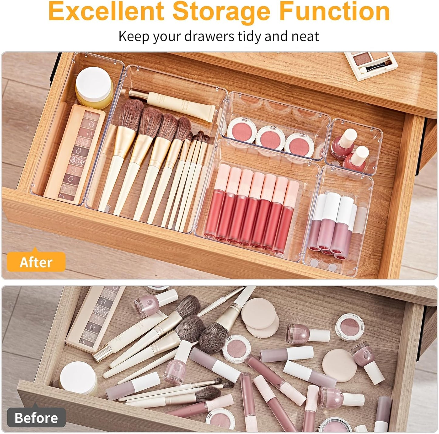 SMARTAKE 22-Piece Drawer Organizer with Non-Slip Silicone Pads, 5-Size Clear Desk Drawer Organizer Trays Storage Tray for Makeup, Jewelries, Utensils in Bedroom Dresser, Office and Kitchen, Clear