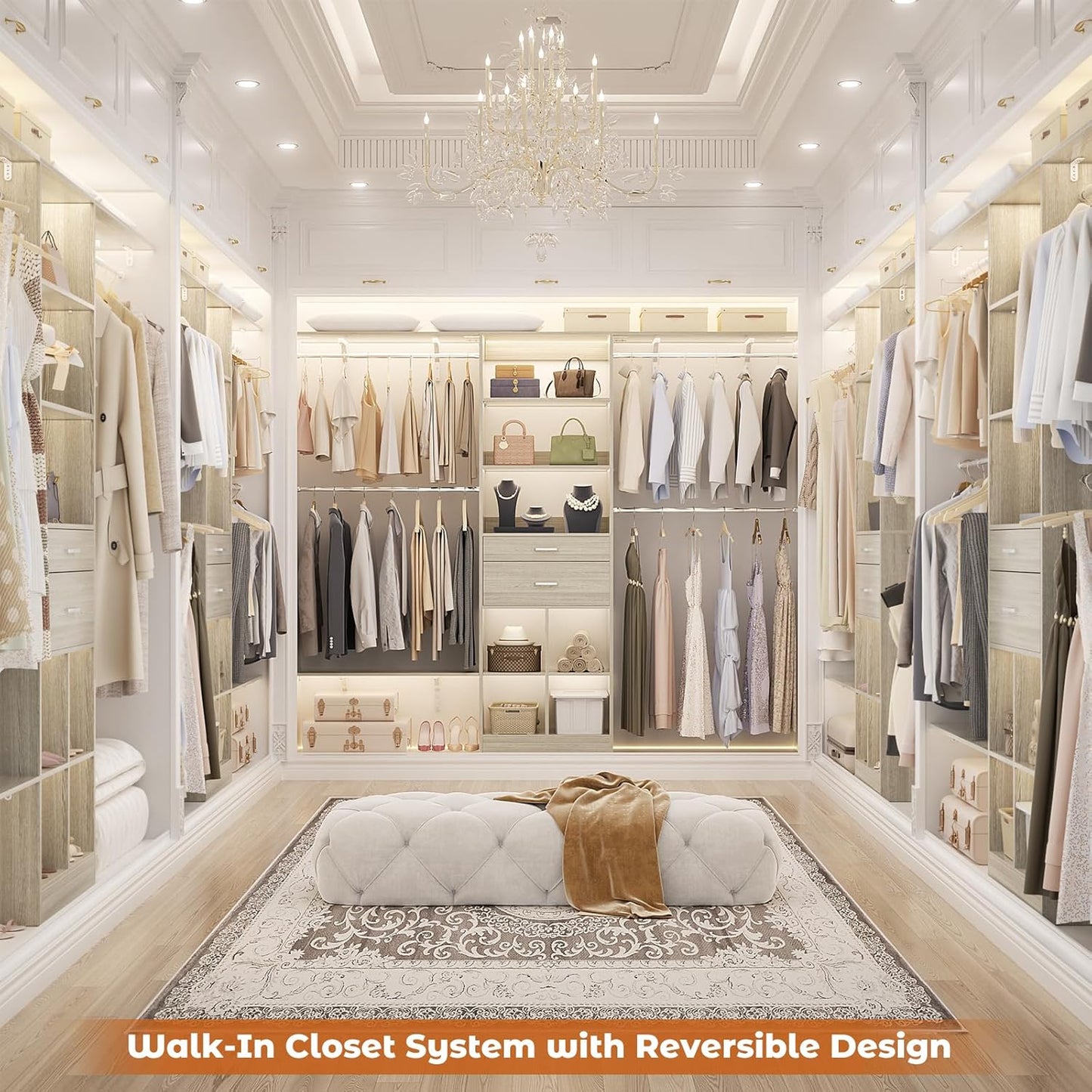 Closet System - 4.75-8FT Closet Organizer System with Wooden Drawers & Cube Storage Organizer, Up To 96" Closet Systems for Nursery & Walk-In Closets with Cuttable Hanging Shelving, Greige Oak