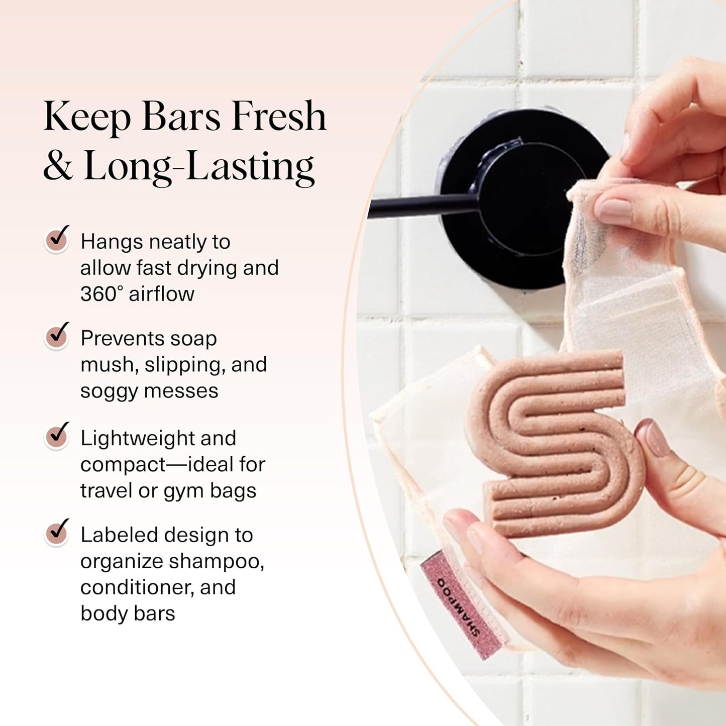 Kitsch Bar Soap Saver Bag – Patented Mesh Bag Soap Holder for Shampoo and Conditioner Bars - Extends Use & Prevents Soggy Mess - Recycled Mesh Beauty Pouch, Eco-Friendly - 2pc Set, Blush & Terracotta