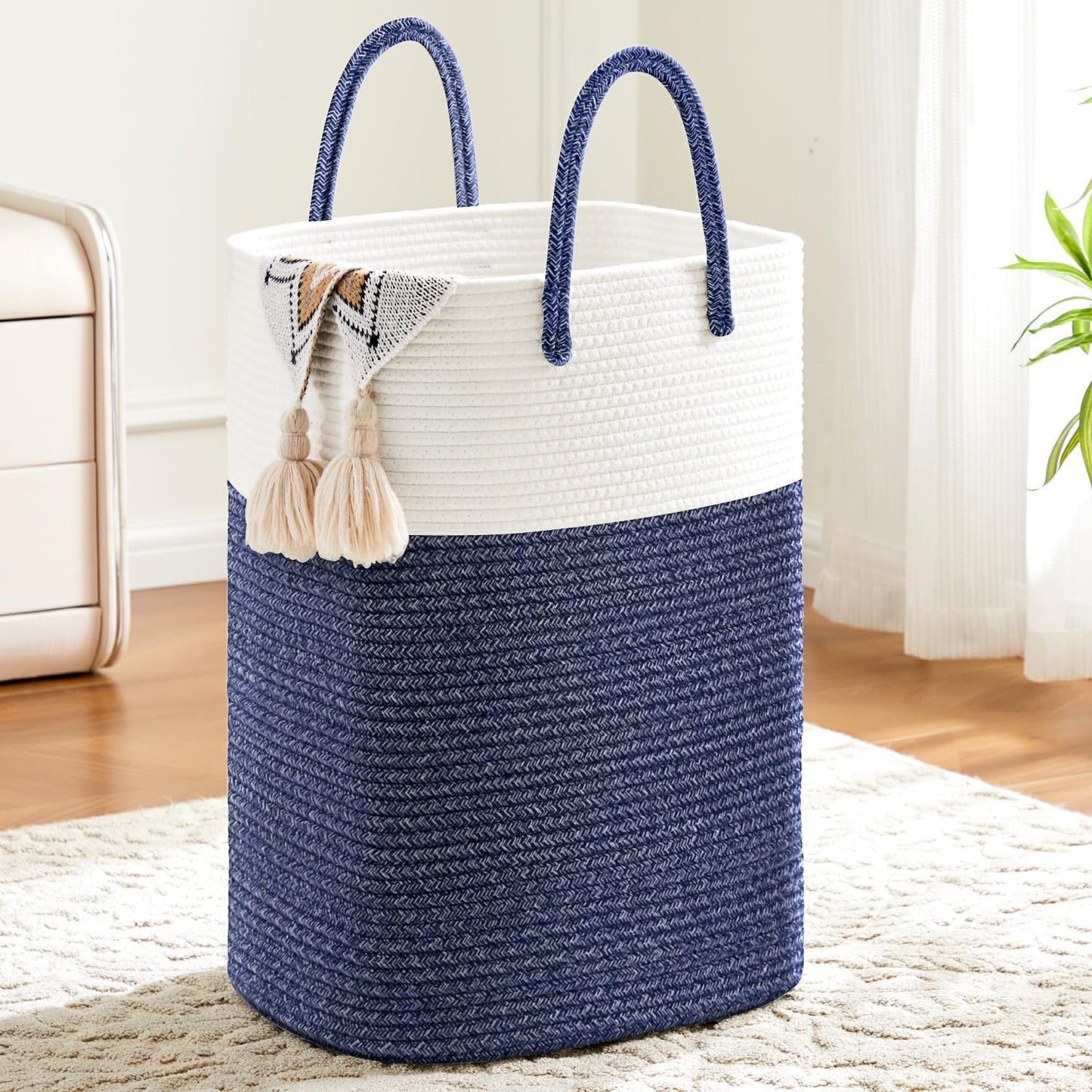 Laundry Basket,Woven Cotton Rope Laundry Hamper,Versatile Storage for Dirty Clothes,Baby Toys,and Blankets in Bathroom, Nursery,and Living Room (Blue, 40L)
