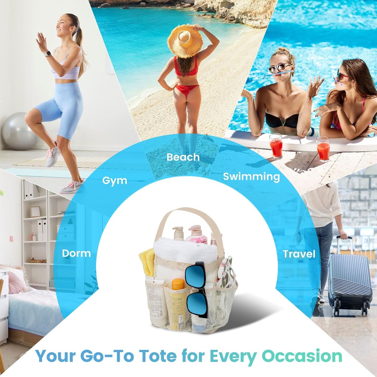 Mesh Shower Caddy for College Dorm Room Essentials for Girls with 9 Pockets,Large-Capacity Shower Basket,Quick Dry Toiletry Tote Bag for Women,Outdoor Gym,Travel,Swim,Beach Camping Essentials-Beige