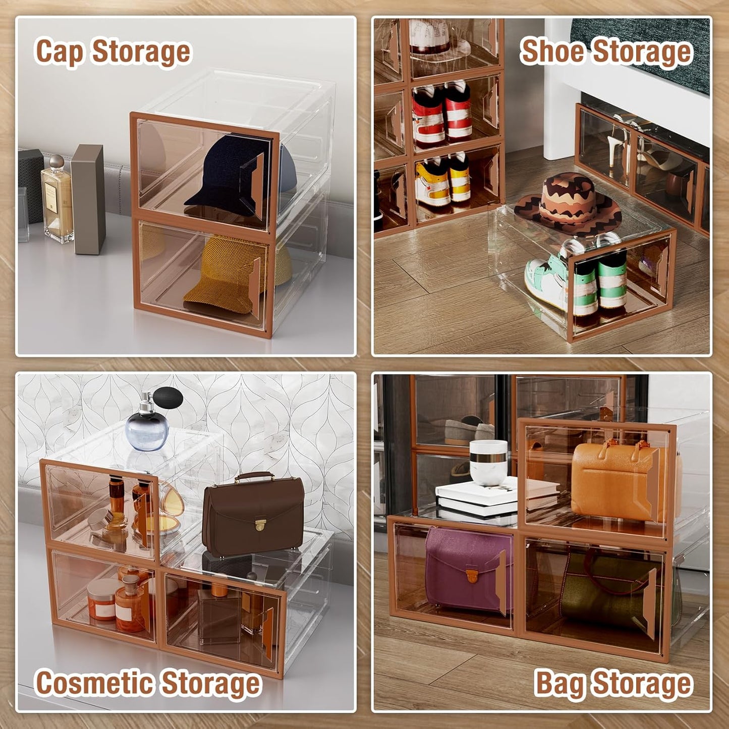 X-Large Stackable Shoe Boxes - Clear Plastic Shoe Storage Boxes with Magnetic Door, Thicken Shoe Organizer for Closet, Space Saving Foldable Shoe Containers Bins for Sneaker Boot - 8 Pack(Brown)