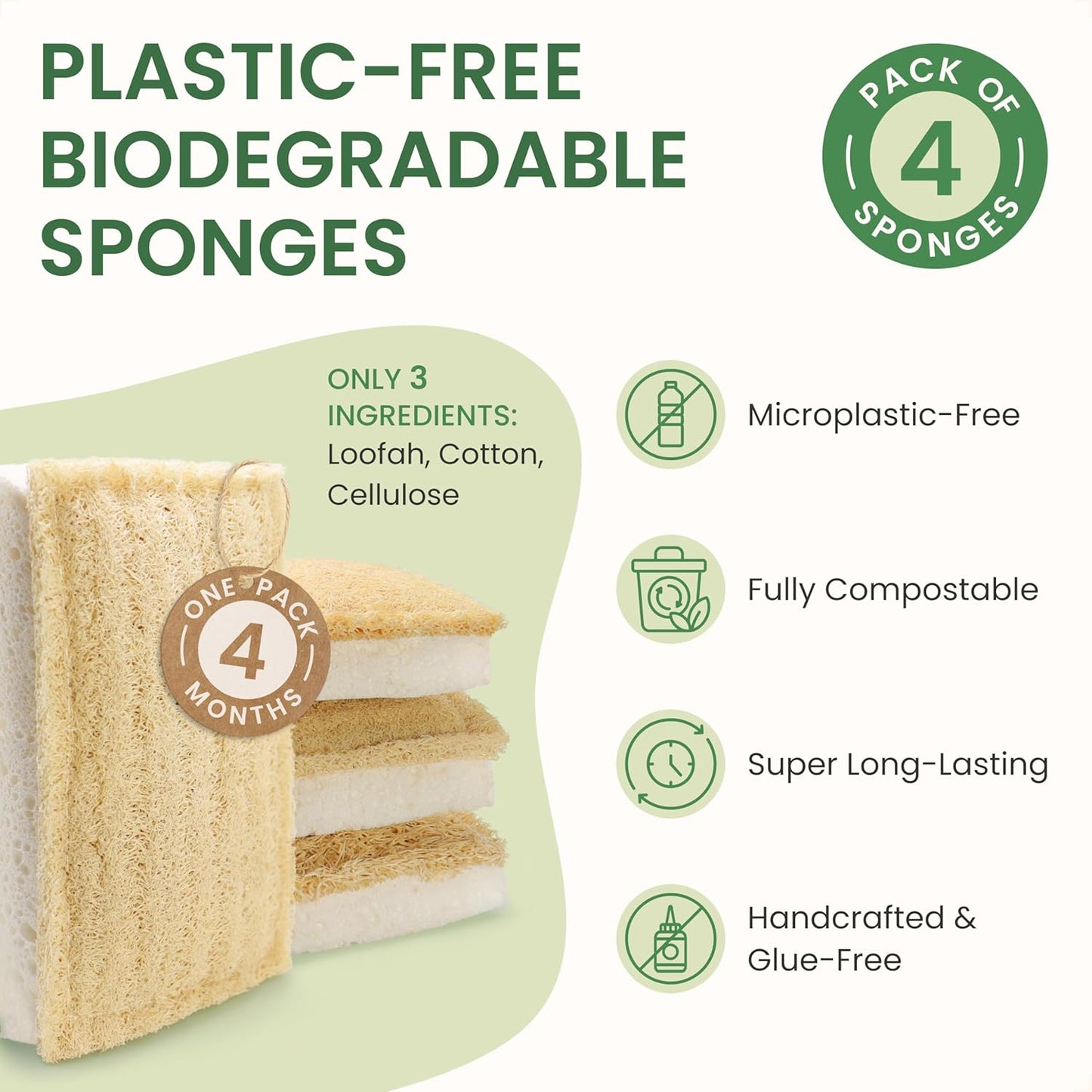 Natural Kitchen Sponges – Eco-Friendly, Compostable Dish Sponges – Loofah & Cellulose Scrubbers – Plastic-Free, Zero-Waste, Biodegradable – Durable, Non-Scratch – Pack of 4