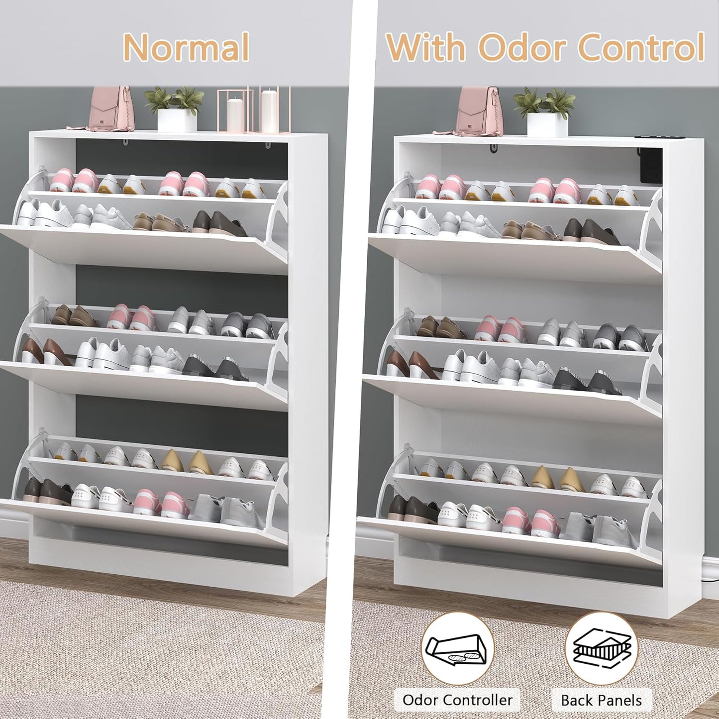 Shoe Cabinet with Odor Control and Back Panels, Deodorizing Slim 3-Flip Shoe Storage Cabinet for Entryway, Freestanding Hidden Shoe Rack Organizer for Entrance, Hallway, Bedroom