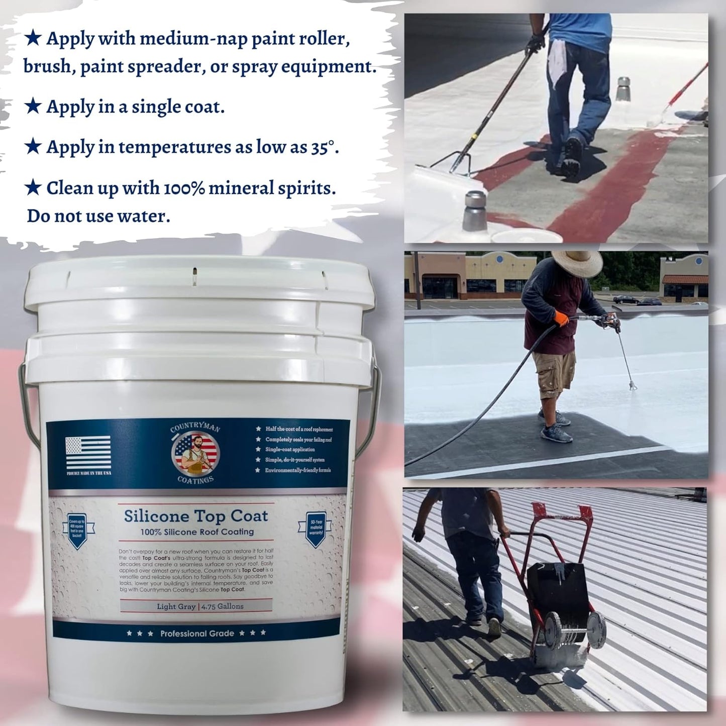 Countryman Coatings 100% Silicone Roof Coating - Restore Your Roof in a Day - Seal Leaks, Cracks, Seams, Penetrations - Adheres to All Surfaces (4.75 Gallon, Light Gray)
