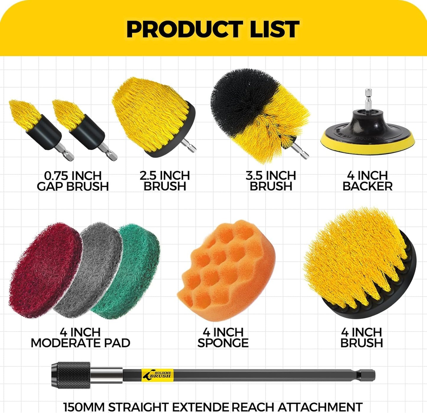 Holikme 11 Piece Drill Brush Attachment Set Scouring Pads Power Scrubber Brush Scrub Pads for Bathroom Surfaces, Floor, Tub, Shower, Grout, Tile, Corners,Cleaning Brush
