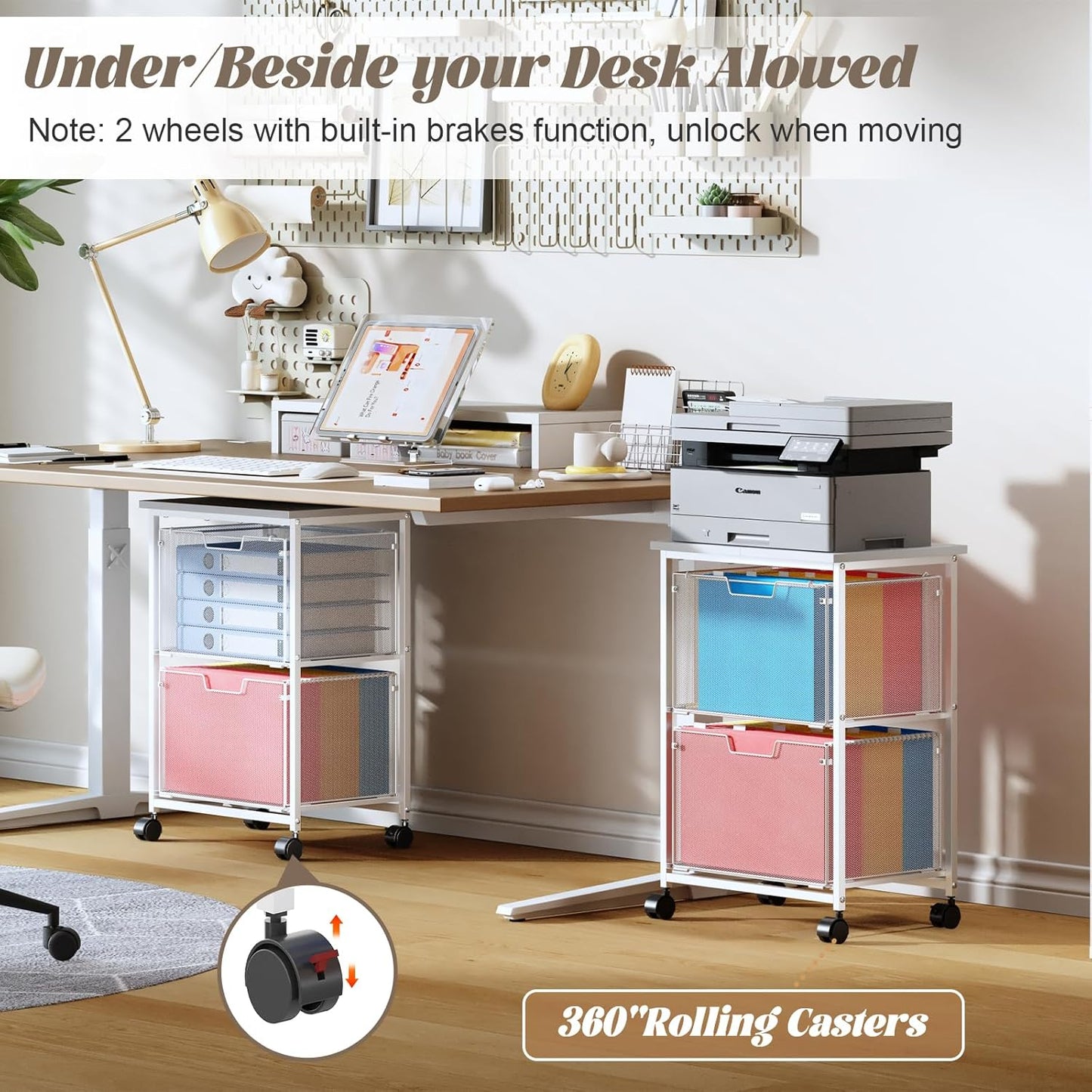 Letter/Legal Rolling File Cabinet, Rolling File Cart with 2 Drawers Filing Cabinet for Home Office, Hanging File Folders Organizer for Under Desk Storage, Mobile Printer Stand, White