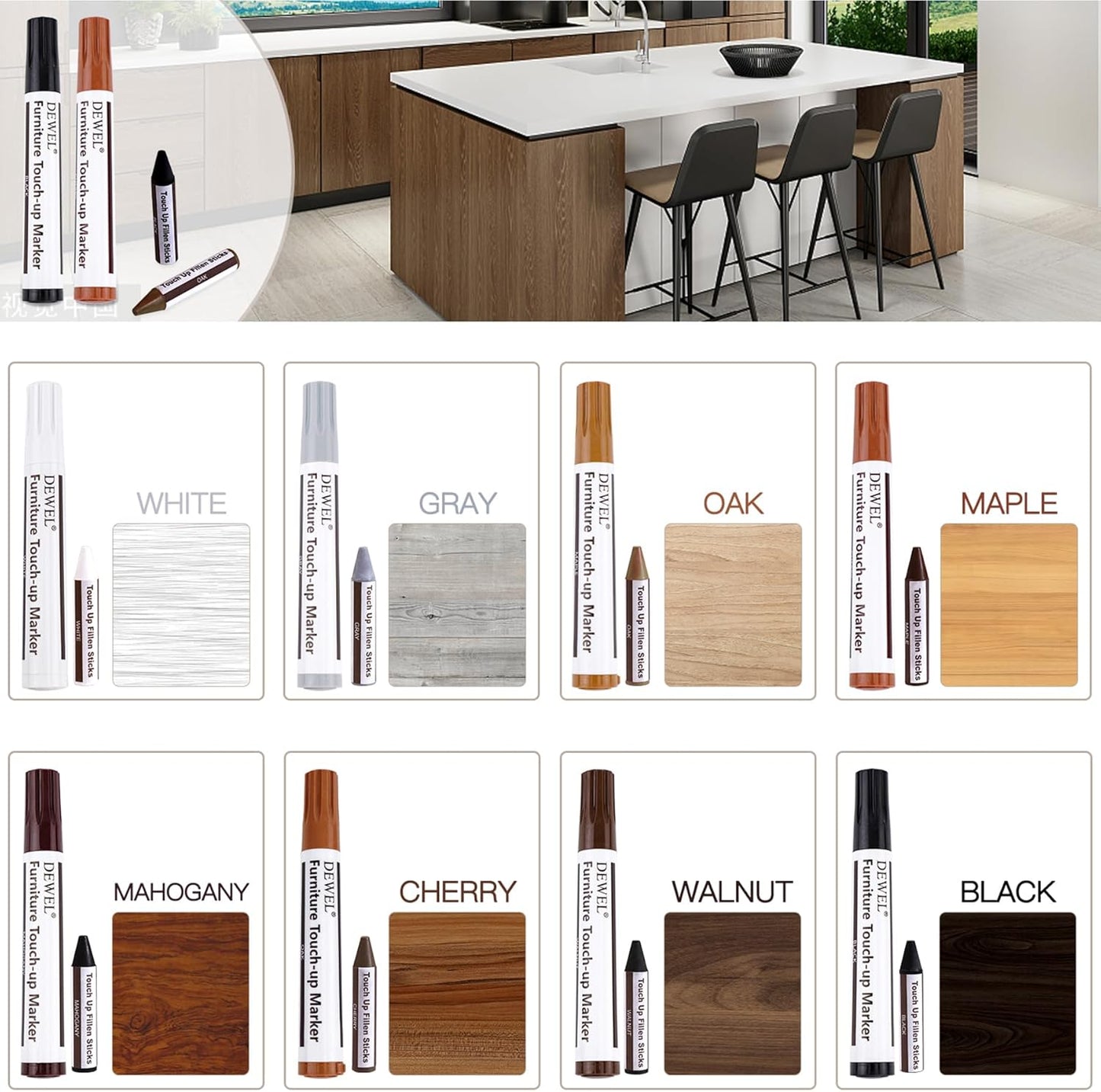 DEWEL Furniture Markers Touch Up, Upgrade Wooden Furniture Repair Kit, Premium Wood Scratch Repair Markers and Wax Sticks for Wood Stains Scratches Hardwood Floors Tables, Set of 17