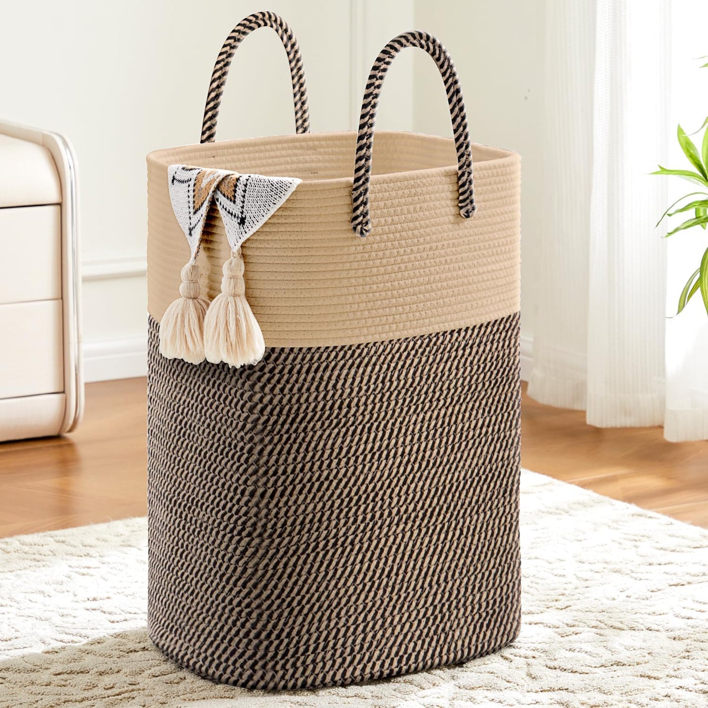 Laundry Basket,Woven Cotton Rope Laundry Hamper,Versatile Storage for Dirty Clothes,Baby Toys,and Blankets in Bathroom, Nursery,and Living Room (Jute, 80L)