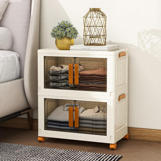 2 Tier Stackable Plastic Storage Bins with 1 Lid 45 QT/Tier, Collapsible Plastic Box Storage Bin with Wheels, Home Containers Boxes Closet Organizers for Living Room, Office, Dorm