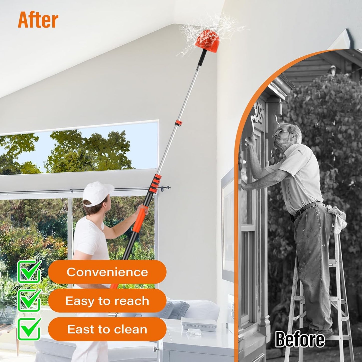 30FT Reach Cobweb Duster with Extension Pole,Spider Web Brush for Cleaning with 5-24FT Telescoping Pole,5-Stage Lightweight & Sturdy Telescopic Web Cobweb Duster Pole for Outdoor Indoor Use