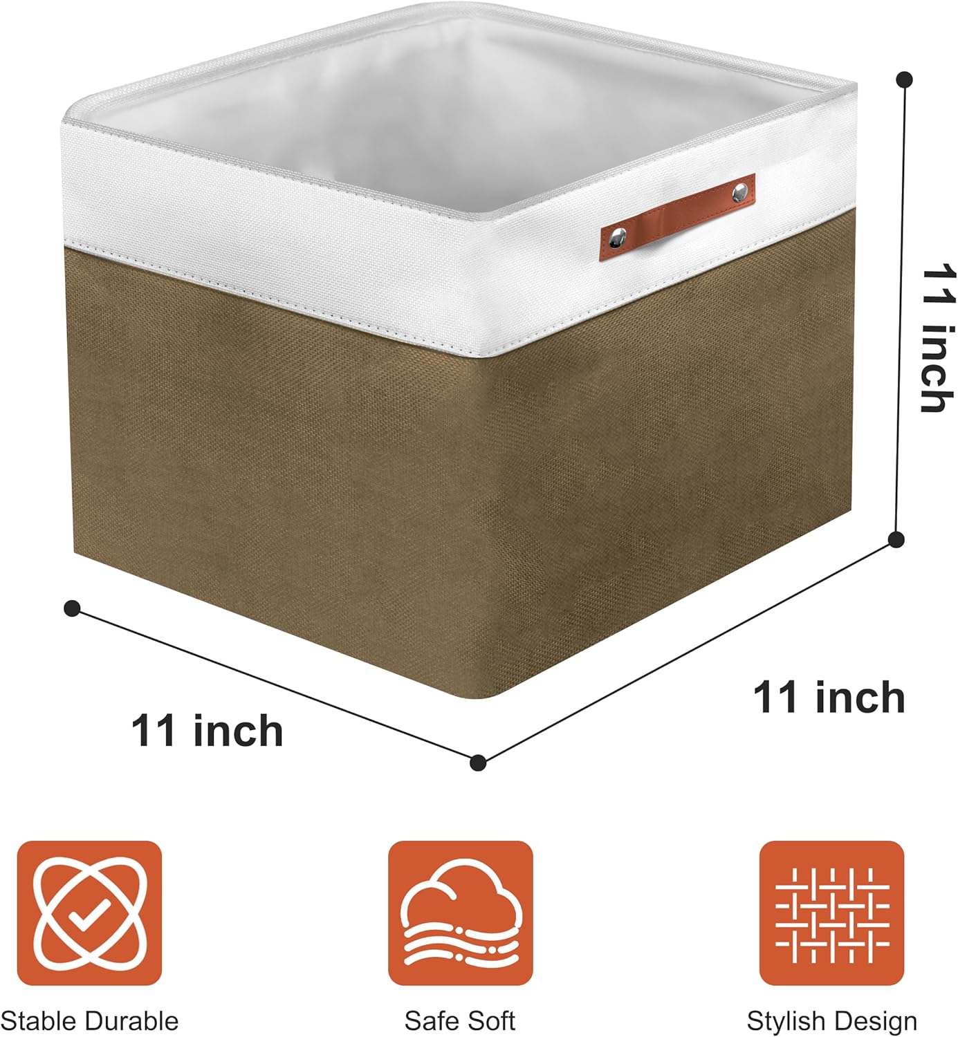 11in Open Fabric Storage Basket with Leather Handles for Organizing, Collapsible Linen Closet Bins for Shelves, Closets, Laundry, Decorative Basket for Gifts. (White＆Brown, 2PCS/11x11in)
