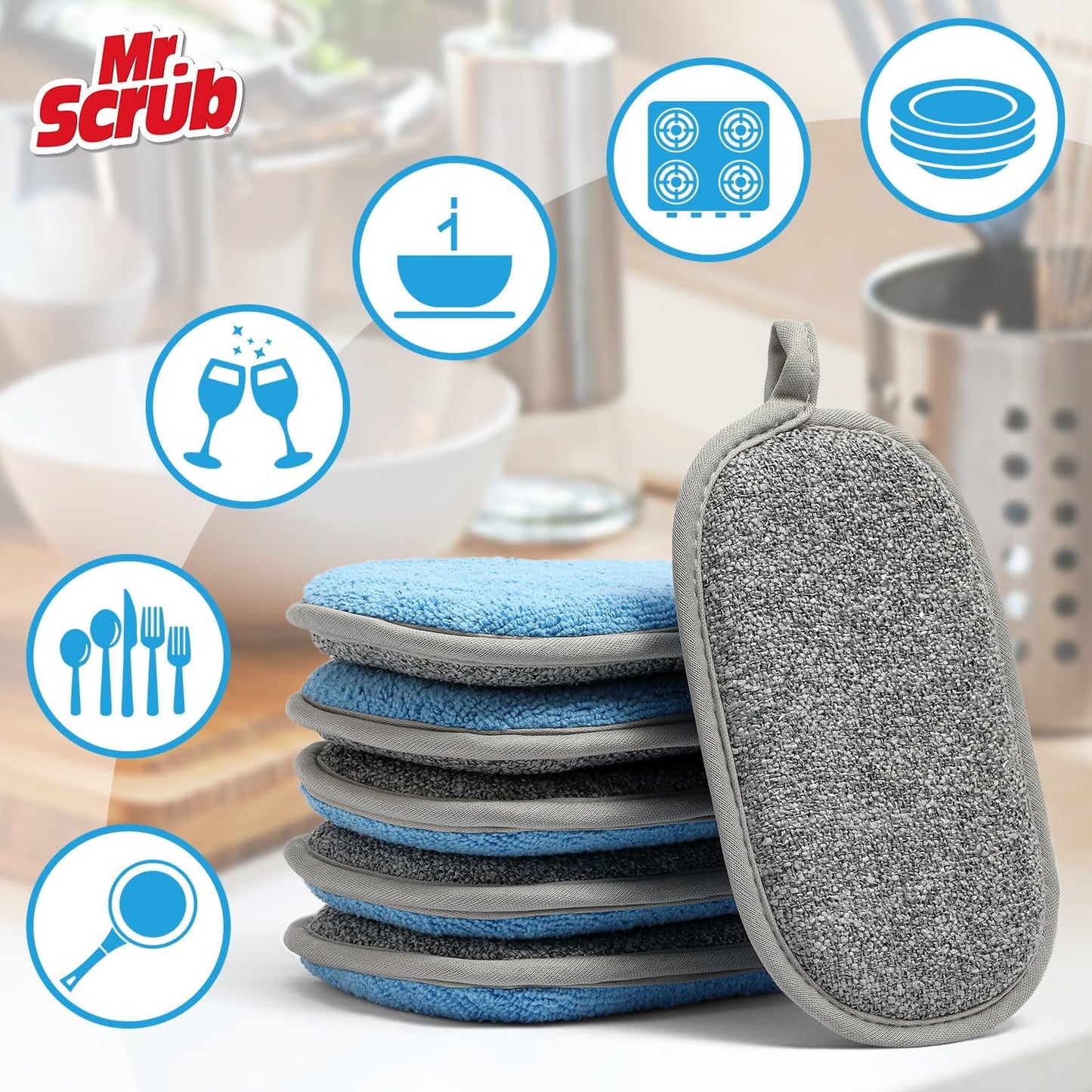 All-Purpose Sponges Kitchen, Non Scratch Dish Sponge for Washing Dishes Cleaning Kitchen, Rough Scrubbers Side for Non-Stick Cookware, Soft Microfiber Scrub Side for Dishes（6 Pack, Large）