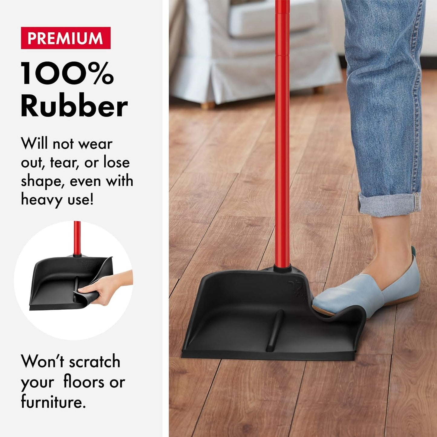 Dustpan with Handle by Ravmag- Solid Natural Rubber Construction- 40” Long Handled Dust Pan- Stand Up Design- Accommodates Any Broom/Hand Brush- Best Dustpans for Home/Lobby/Shop