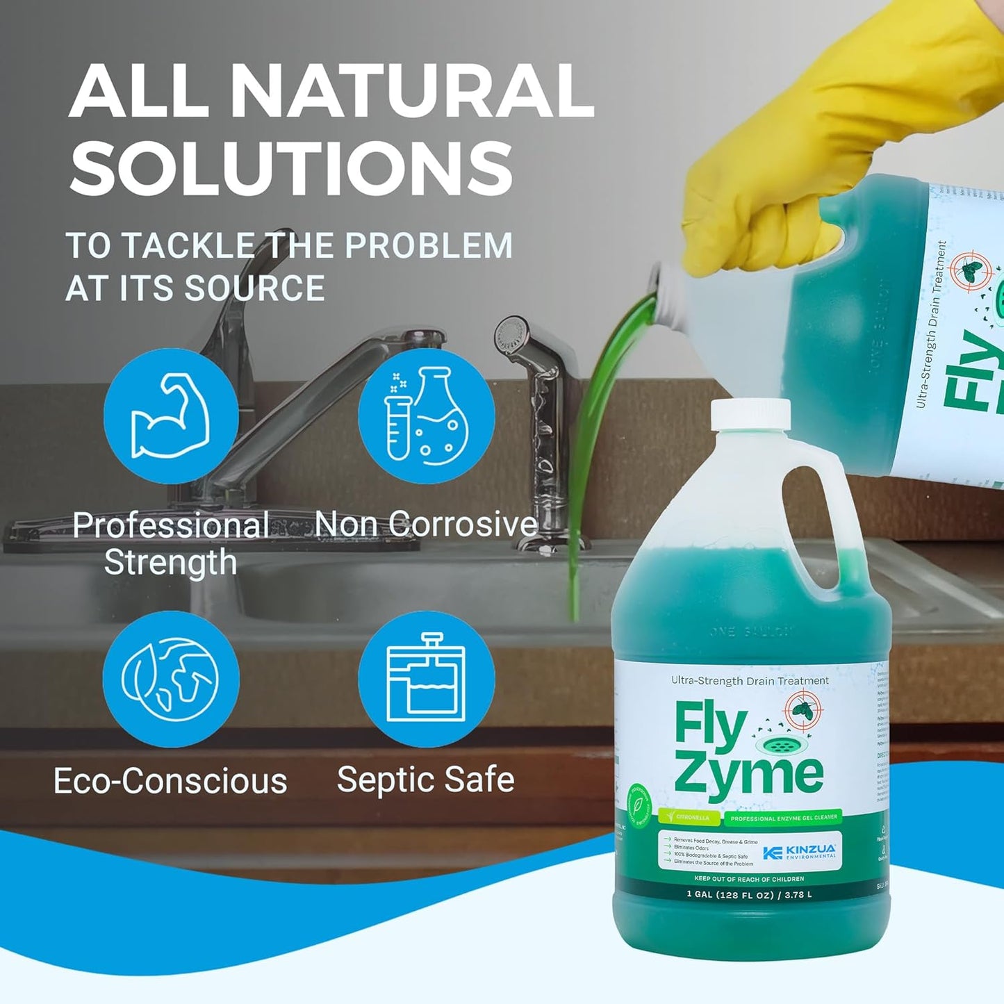 KINZUA ENVIRONMENTAL Fly-Zyme, Highly Concentrated Enzyme Drain Cleaner for Pipes & Citronella Scented Organic Waste Degrader & Odor Neutralizer, 1 Gallon