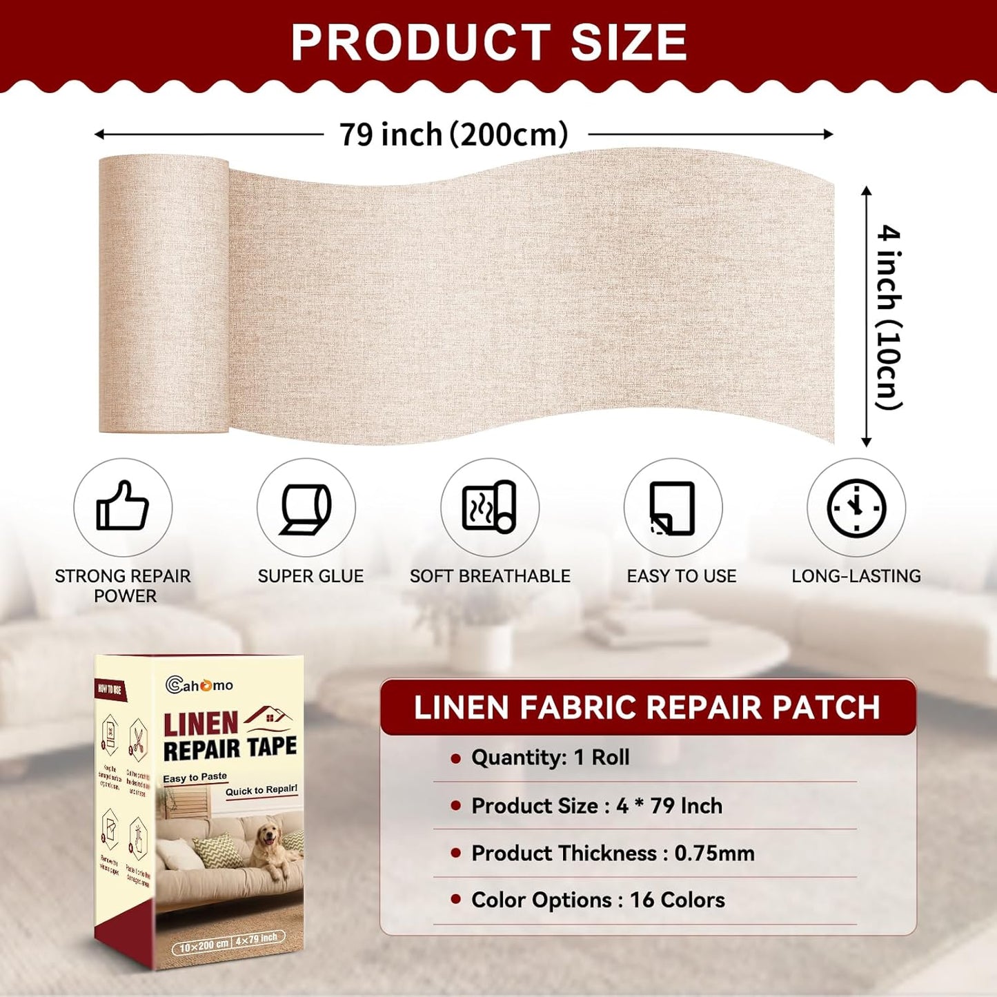 Linen Repair Tape 4x79 inch, Self Adhesive Fabric Patches, Linen Patch Tape Kit, Fabric Repair Tape for Couch Sofas, Headboards, Chairs, Pillows, Curtains, Couches - Dark Beige