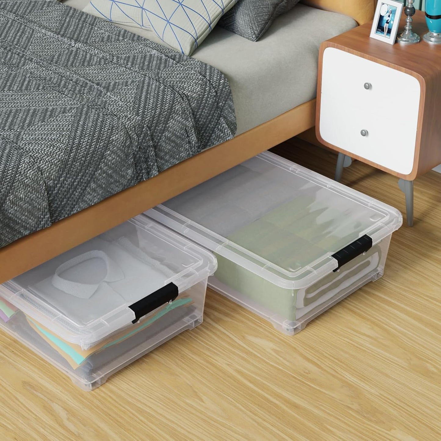 25 Quart Under Bed Clear Latch Bin with Wheel, Plastic Under Bed Storage Box, 4 Pack