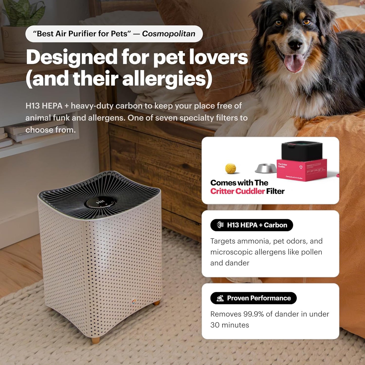 Mila Air 3 Smart Home Air Purifier with Critter Cuddler H13 HEPA & Carbon Replacement Filter, Reduces Pet Odors, Removes Dust & Pet Dander, Ideal for Large Room or Bedroom, Quiet-Mode