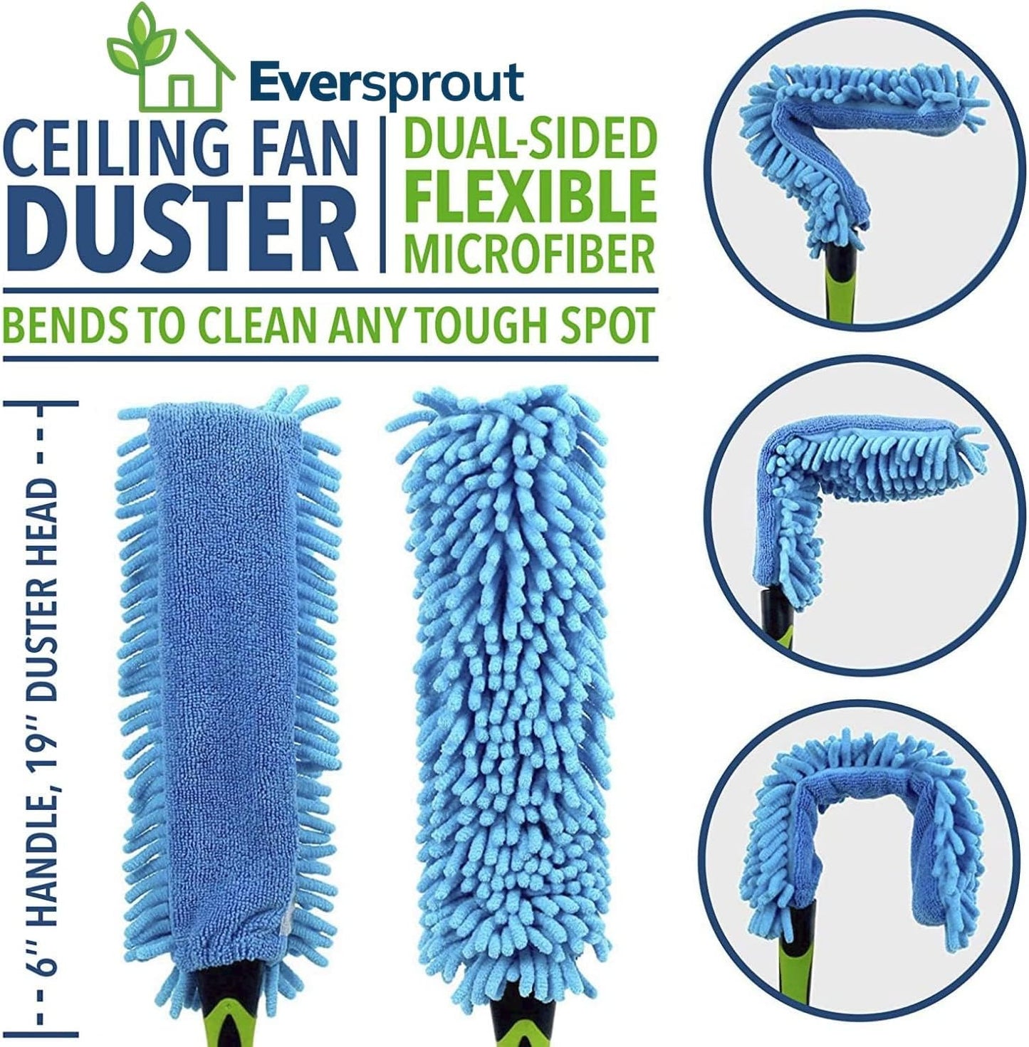 EVERSPROUT 3 Foot Flexible Microfiber Ceiling & Fan Duster | Bendable to Clean Any Fan Blade | Removable & Washable Brush Head | 3-Stage Lightweight Aluminum Extension Pole