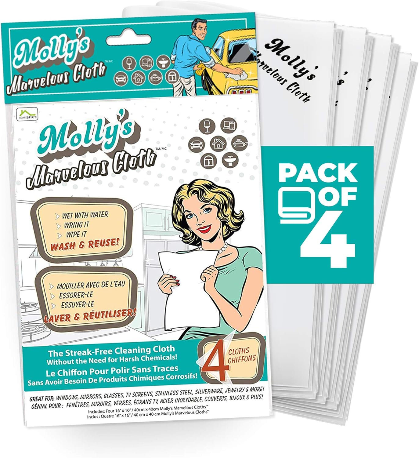 Molly's Marvelous Cloth, Streak-Free, Lint-Free Microfiber Cleaning Cloth, Polishing Cloth for Glass, Stainless Steel, Use for Kitchen, Bath, Cars, Detailing, Reusable (17" by 16") (4pk, White)