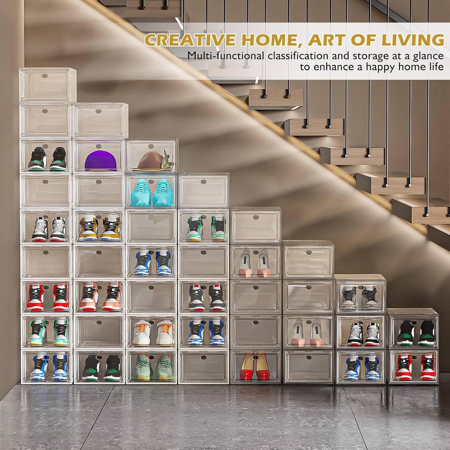 Thicken & Sturdy Clear Shoe Storage Organizer with Magnetic Door, Stackable Boxes for Closet, Foldable Space-Saving Shoe Rack for Sneaker Boot Container, Plastic Shoe Cabinet Shoe Box 6 Pack, White